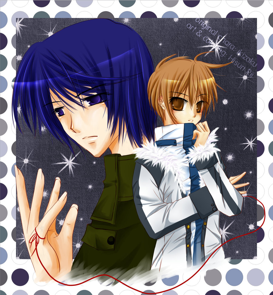 hisuri rii, blue hair, brown hair, couple, ikizaku, jacket, polka dot, star (symbol), string, string of fate