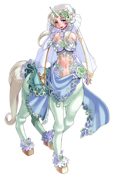 kenkou cross, unicorn (monster girl encyclopedia), monster girl encyclopedia, 1girl, blonde hair, blue eyes, breasts, centaur, dress, female focus, flower, full body, hooves, horns, monster girl, revealing clothes, simple background, single horn, solo, tail, taur, unicorn, wedding dress, white background, white hair