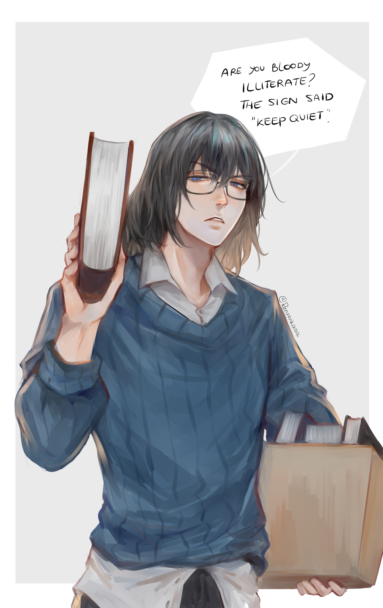 renrenka noi, oberon (fate), oberon (third ascension) (fate), fate/grand order, fate (series), commentary, english commentary, highres, 1boy, bespectacled, black hair, blue sweater, book, border, box, english text, glasses, holding, holding book, holding box, librarian, long sleeves, looking at viewer, male focus, parted lips, ribbed sweater, short hair, simple background, solo, speech bubble, sweater, unamused, upper body, white border