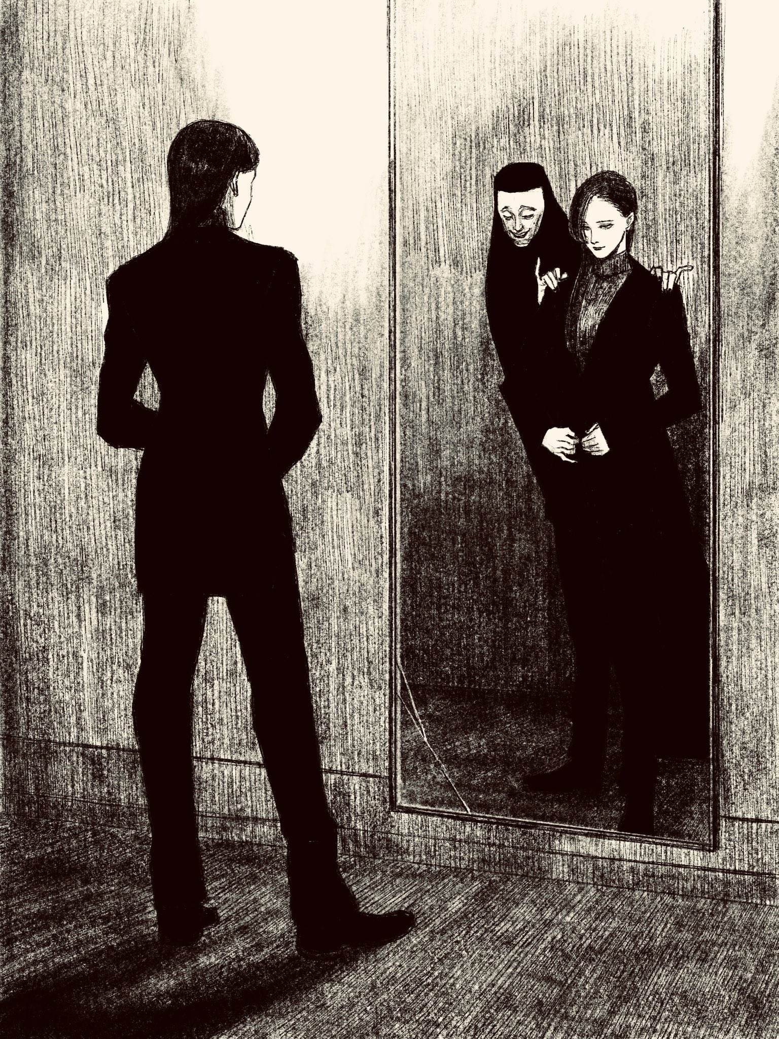 tp p pt, original, highres, 1girl, different reflection, full body, ghost, greyscale, long hair, long sleeves, mirror, monochrome, reflection, shadow, solo