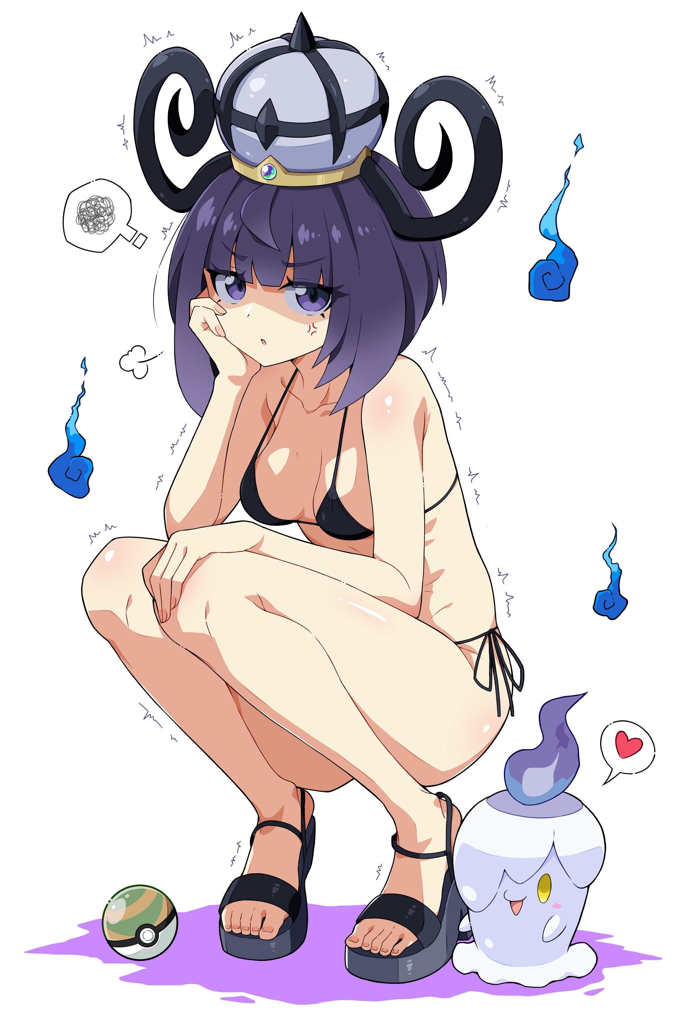 eggman (ni tamagoex), gwynn (pokemon), litwick, nintendo, pokemon, pokemon legends: z-a, absurdres, highres, 1girl, 1other, alternate costume, anger vein, annoyed, bikini, black hair, breasts, fire, full body, gen 5 pokemon, hat, heart, high heels, looking at viewer, mega stone, micro bikini, multicolored hair, nest ball, poke ball, pokemon (creature), puff of air, purple eyes, purple fire, shadow, short hair, side-tie bikini bottom, sigh, spoken heart, spoken squiggle, squiggle, sweat, swimsuit, white background, will-o-wisp (pokemon)