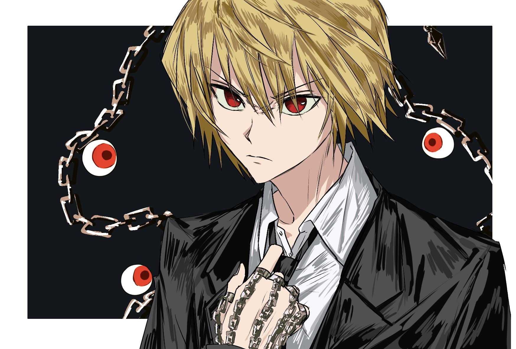 ultomato523548, kurapika, hunter x hunter, highres, 1boy, adjusting clothes, adjusting necktie, black background, black necktie, black suit, blonde hair, border, chain, choppy bangs, collarbone, collared shirt, eyeball, formal clothes, hair between eyes, looking at viewer, monochrome background, necktie, partially unbuttoned, red eyes, sanpaku, shirt, solo, suit, upper body, white border, white shirt