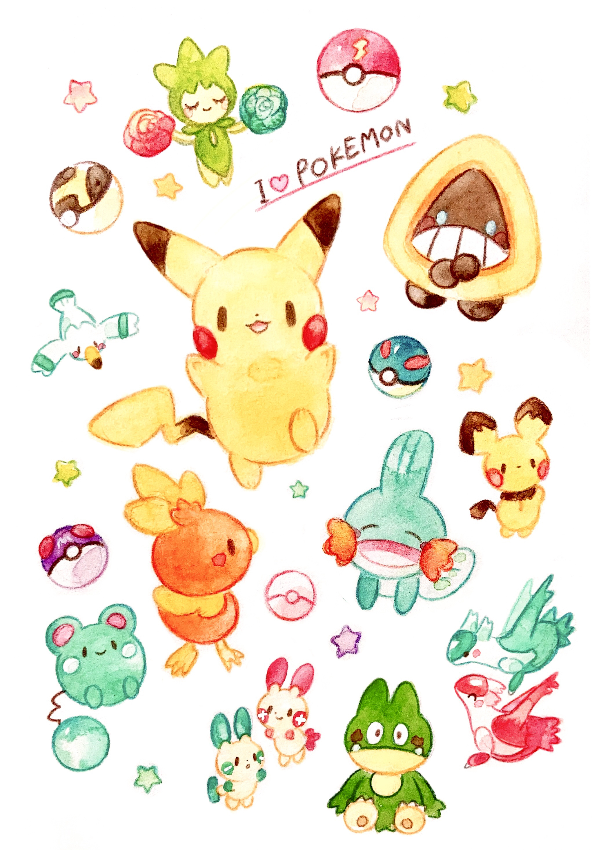 yukichi 0611, azurill, latias, latios, minun, mudkip, munchlax, pichu, pikachu, plusle, roselia (pokemon), snorunt, torchic, wingull, nintendo, pokemon, absurdres, colored pencil (medium), commentary request, highres, painting (medium), traditional media, watercolor (medium), dated, english text, gen 1 pokemon, gen 2 pokemon, gen 3 pokemon, gen 4 pokemon, great ball, happy, legendary pokemon, master ball, no humans, open mouth, poke ball, pokemon (creature), simple background, star (symbol), ultra ball, white background