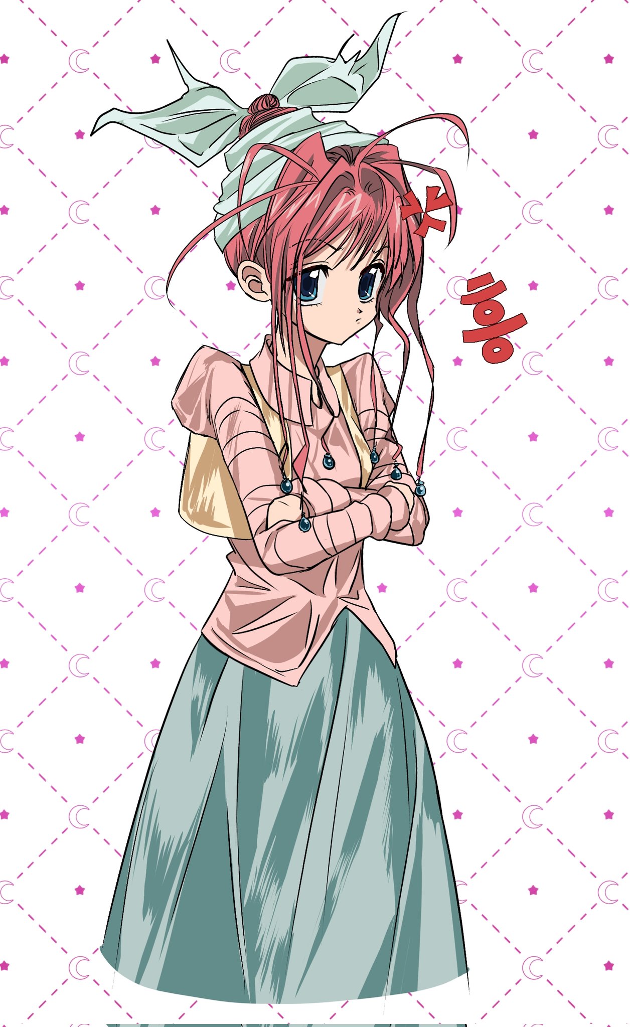 ultomato523548, neon nostrade, hunter x hunter, highres, 1girl, anger vein, antenna hair, blue eyes, collared shirt, crescent, cropped legs, crossed arms, dress, green dress, hair bun, hair intakes, hair ornament, headscarf, juliet sleeves, long hair, long sleeves, looking at viewer, patterned background, pink hair, pink shirt, pout, puffy sleeves, sanpaku, shirt, simple background, single hair bun, solo, sphere hair ornament, star (symbol), vest, white background, white headscarf, yellow vest