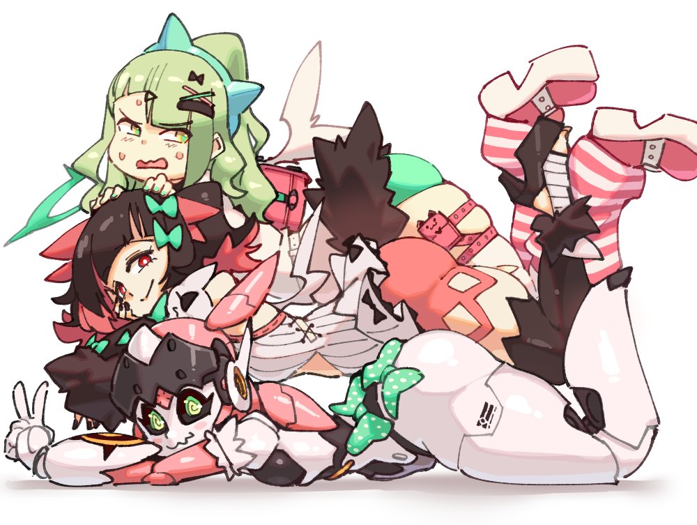 rtil, chinatsu remiel, rokudu sariel, yutane johiel, zenless zone zero, commentary, english commentary, 3girls, aqua nails, arched back, bandaid, bandaid hair ornament, black hair, black sclera, black thighhighs, blush, bow, closed mouth, colored inner hair, colored sclera, dress, from side, fur-trimmed thighhighs, fur trim, green bow, green eyes, green hair, green halo, hair bow, hair ornament, halo, hands on another's head, humanoid robot, leg warmers, looking at viewer, lying, lying on person, multicolored hair, multiple girls, multiple hair clips, multiple thigh straps, on stomach, open mouth, pink bag, pink leg warmers, pink shoes, polka dot, polka dot bow, red eyes, robot, robot girl, shoes, simple background, sketch, skindentation, smile, striped leg warmers, sweat, thigh strap, thighhighs, triangle hair ornament, v, white background, white dress, white wings, winged bag, wings
