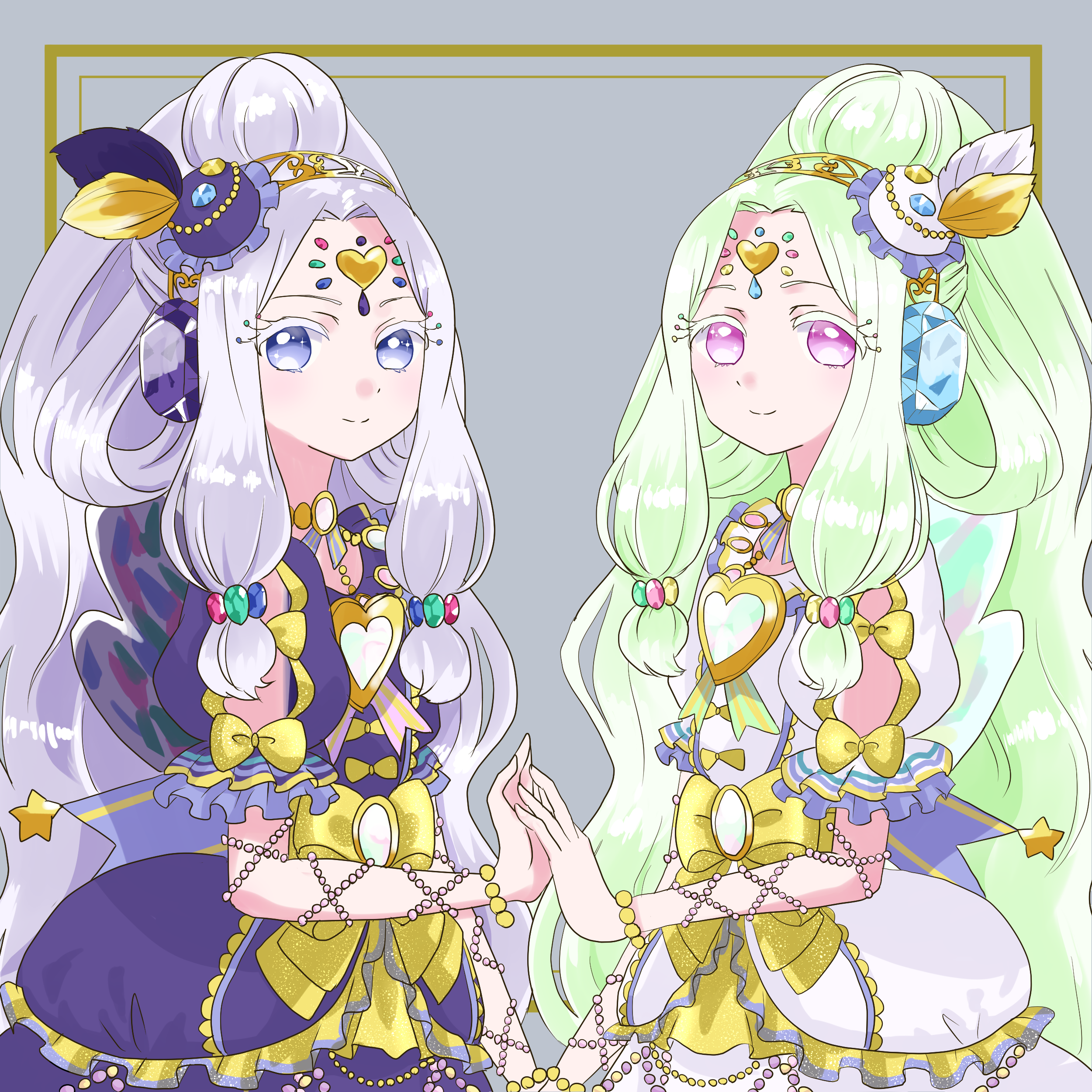 madori (1ldkplanet), janis (pripara), jewlie (pripara), pretty series, pripara, absurdres, highres, 2girls, blue eyes, forehead jewel, green hair, idol clothes, long hair, looking at viewer, multiple girls, purple eyes, purple hair, smile, very long hair
