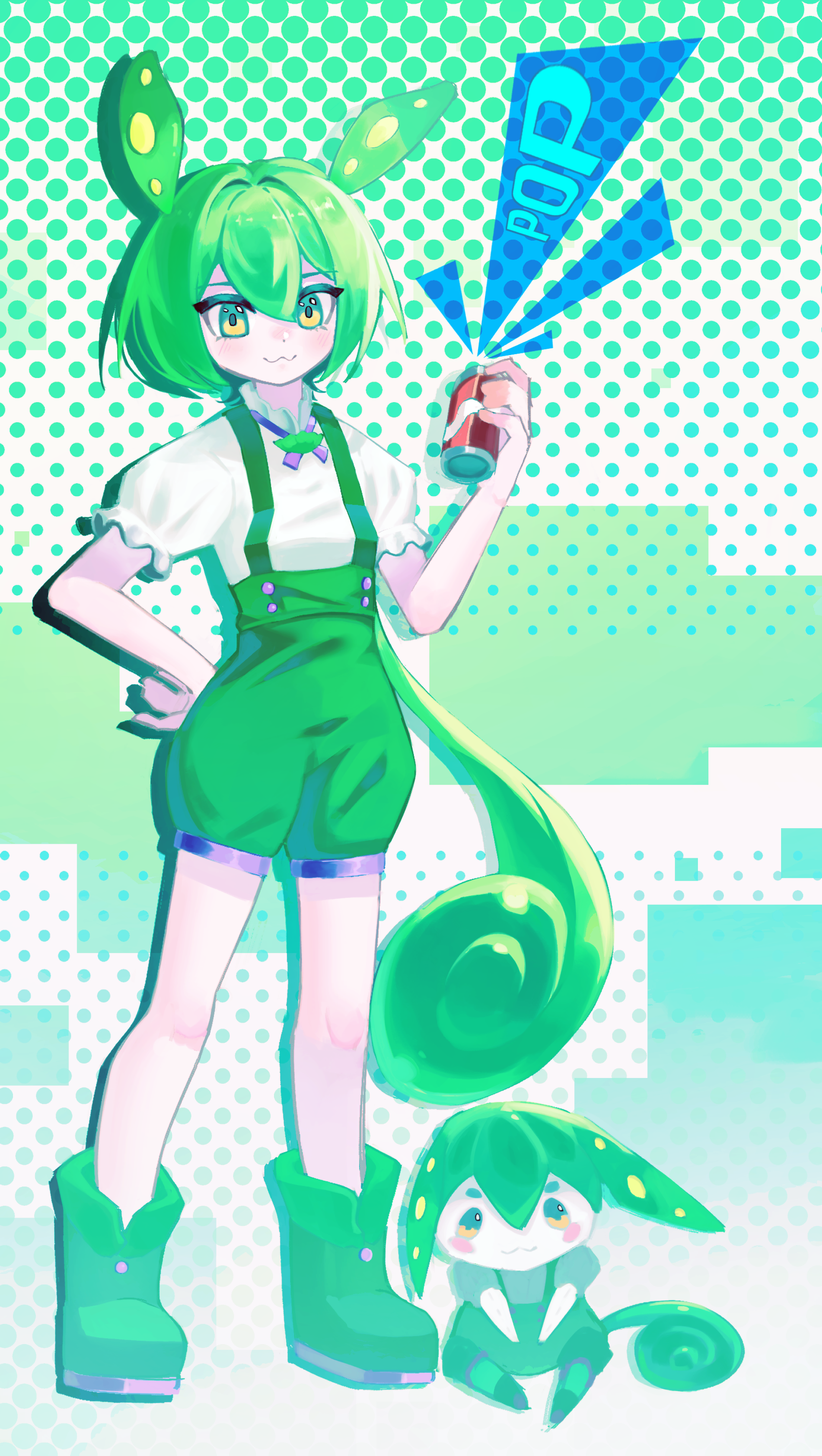 zundamon, zundamon (utau), voicevox, absurdres, commentary, highres, 1girl, :3, blush, can, double-parted bangs, drink can, english text, green background, green eyes, green shoes, green suspenders, hand on own hip, holding, holding can, looking at viewer, multicolored eyes, puffy short sleeves, puffy sleeves, shirt, shoes, short sleeves, simple background, soda can, sound effects, suspenders, white background, yatovar, yellow eyes