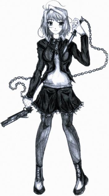 tomorrowsarchon, arcueid brunestud, ryougi shiki, tohno shiki, melty blood, original, tsukihime, type-moon, future, 00s, 1girl, blush, boots, chain, dual wielding, female focus, greyscale, gun, hand fan, holding, knife, monochrome, pantyhose, short hair, skirt, smile, solo, weapon