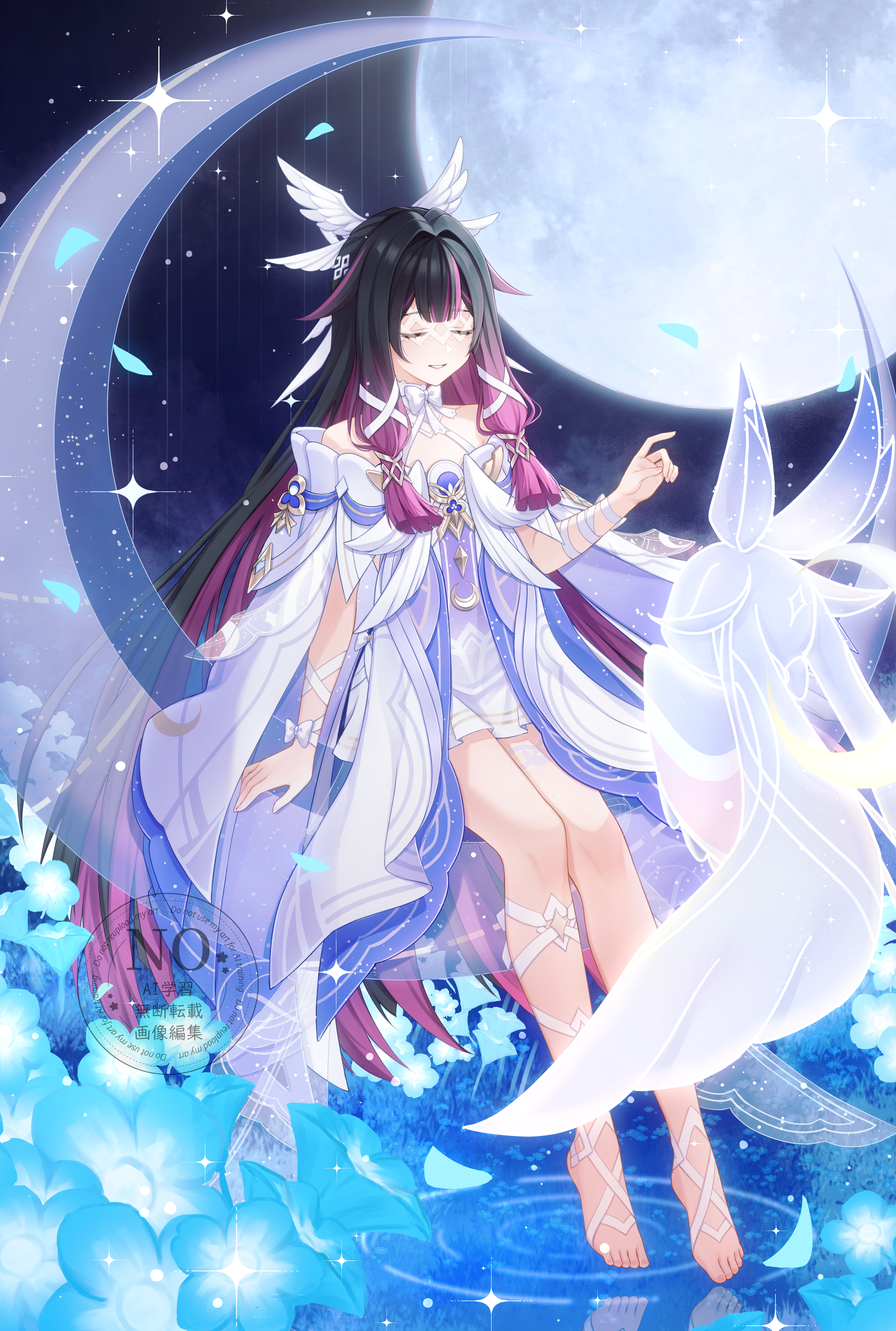 mochiii-s, columbina (genshin impact), luonnotar (genshin impact), genshin impact, absurdres, commentary, highres, 1girl, bare shoulders, barefoot, black hair, bow, bowtie, closed eyes, dress, hair ornament, hand up, long hair, moon, multicolored hair, night, off shoulder, parted lips, purple hair, reflection, ripples, sitting, smile, solo, very long hair, water, white bow, white bowtie, white dress, wing hair ornament