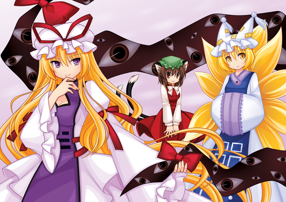 aoilio, chen, yakumo ran, yakumo yukari, touhou, bad id, bad pixiv id, 3girls, animal ears, blonde hair, brown hair, cat ears, cat girl, cat tail, cleavage cutout, clothing cutout, earrings, female focus, fox tail, gap (touhou), hands in opposite sleeves, hat, jewelry, long hair, multiple girls, multiple tails, purple eyes, short hair, tail, yellow eyes