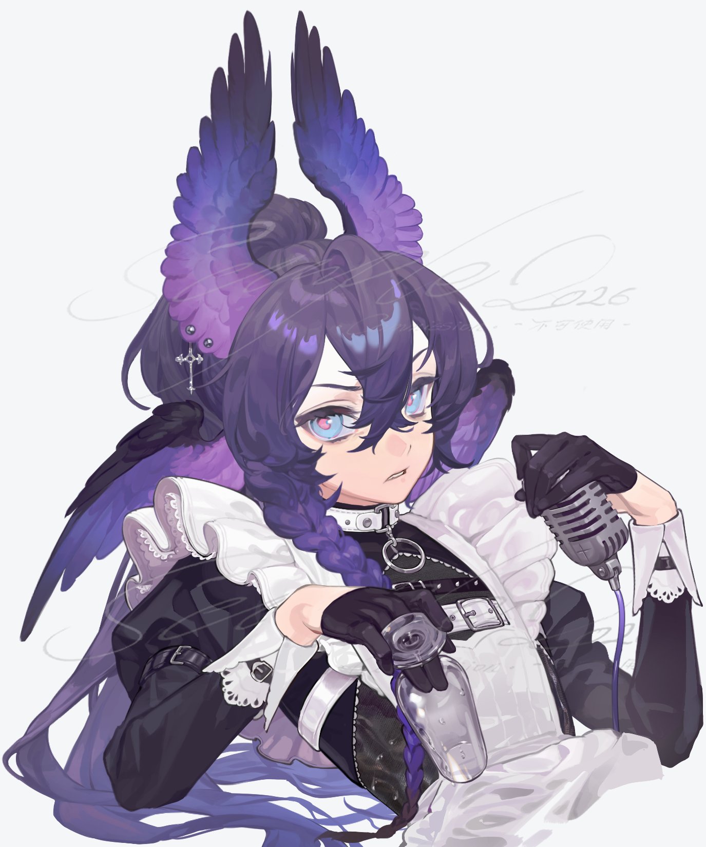 quan 1919, original, highres, 1girl, apron, black gloves, blue eyes, braid, cross, cross earrings, earrings, gloves, gradient hair, grey background, hair between eyes, head wings, high ponytail, holding, holding microphone, jewelry, long hair, looking at viewer, maid, maid apron, microphone, multicolored hair, ponytail, purple hair, simple background, solo, wings