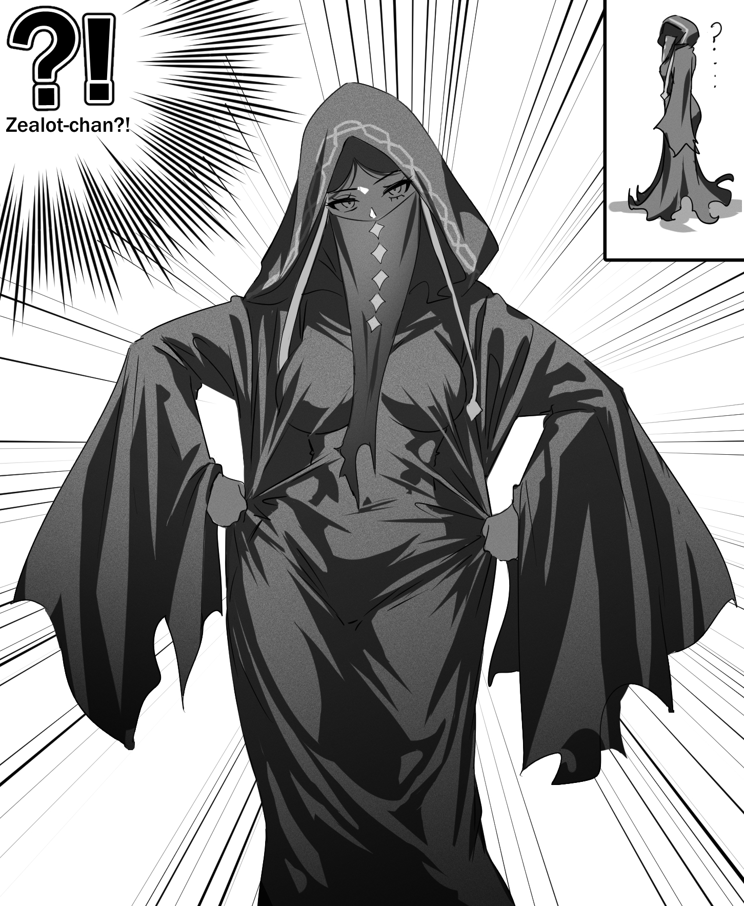 das (dan dan), no name assassin (fate), fate/strange fake, fate (series), commentary, english commentary, highres, 1girl, black gloves, breasts, dress, emphasis lines, english text, gloves, greyscale, headpiece, large breasts, long hair, long sleeves, looking at viewer, monochrome, mouth veil, parted bangs, skin tight, skirt, solo, standing, veil, white background, wide sleeves