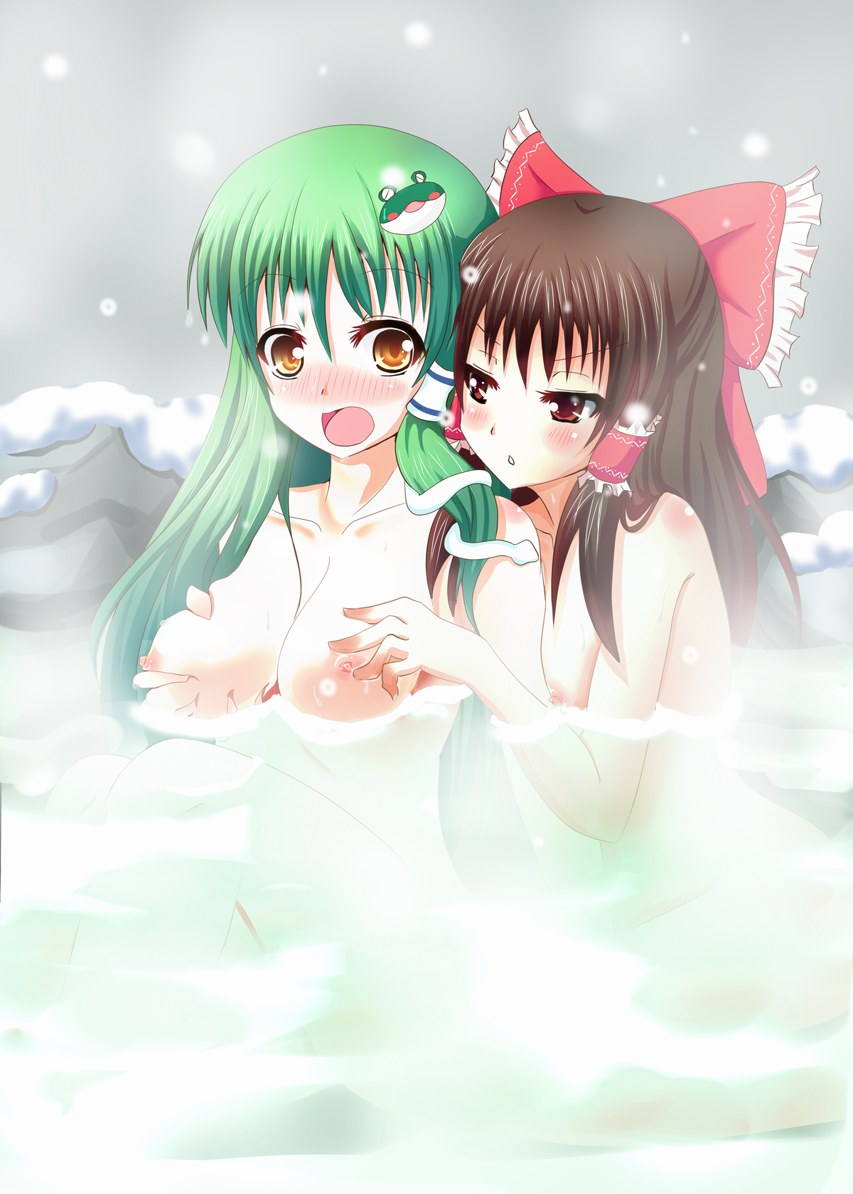 second heaven, hakurei reimu, kochiya sanae, perfect cherry blossom, touhou, bad id, bad pixiv id, highres, 2girls, blush, bow, breast envy, breasts, brown hair, female focus, frog, grabbing another's breast, green hair, groping, hair bow, hair ornament, long hair, multiple girls, nipples, nude, onsen, outdoors, red eyes, same-sex bathing, shared bathing, snake, snow, surprised, yellow eyes, yuri