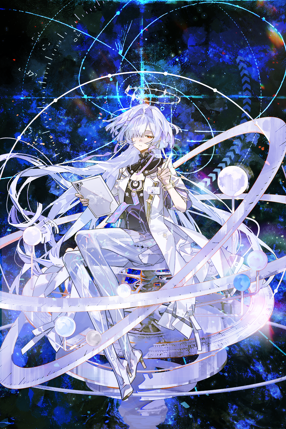 krab (fumekrab), mornye (wuthering waves), wuthering waves, highres, 1girl, closed mouth, dress, earrings, full body, hair over one eye, halo, hand up, high heels, holding, id card, jacket, jewelry, missing commentary, purple dress, red eyes, see-through body, sitting, solo, tacet mark (wuthering waves), triangle earrings, white jacket