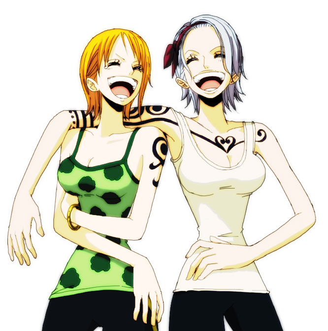 kyakya, nami (one piece), nami (one piece) (arlong park), nojiko (one piece), one piece, 2girls, bangle, bare shoulders, blue hair, bracelet, breasts, cleavage, collarbone, conomi islands, east blue, family, female focus, hairband, jewelry, large breasts, laughing, multiple girls, open mouth, orange hair, short hair, shoulder tattoo, siblings, simple background, sisters, sleeveless, tank top, tattoo