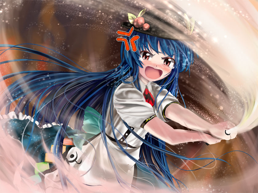 aw, hinanawi tenshi, touhou, bad id, bad pixiv id, 1girl, angry, blue hair, blush, embarrassed, female focus, food, fruit, hat, long hair, open mouth, peach, red eyes, solo, sword, sword of hisou, tears, very long hair, weapon