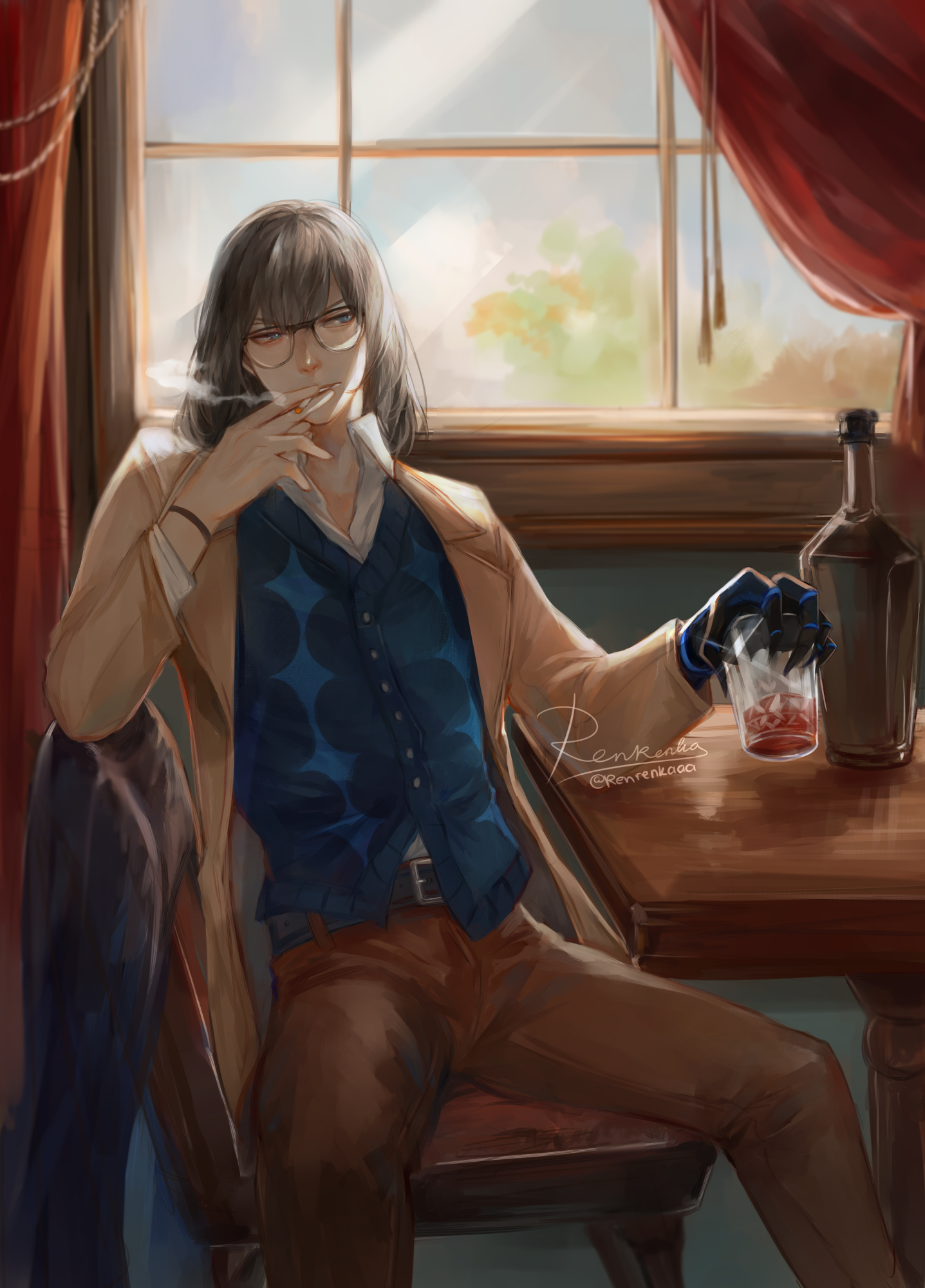renrenka noi, oberon (fate), oberon (third ascension) (fate), fate/grand order, fate (series), commentary, english commentary, highres, 1boy, bespectacled, blue vest, brown pants, cup, glasses, grey hair, holding, holding cup, indoors, long sleeves, male focus, pants, shirt, short hair, sitting, smoke, smoking, solo, spread legs, table, vest, white shirt, window