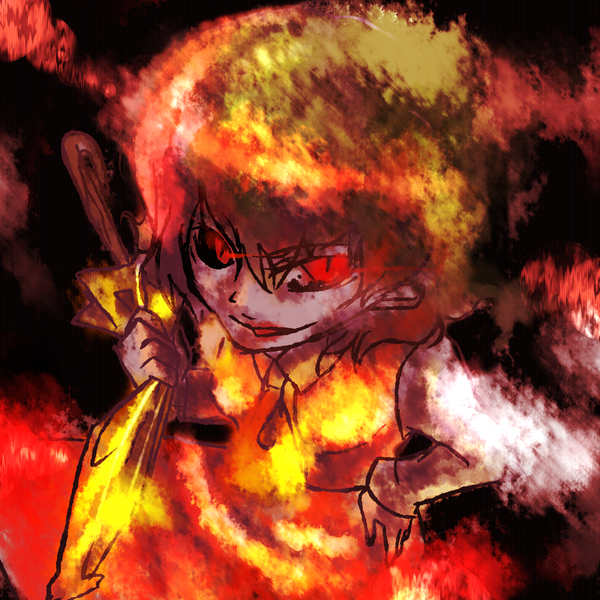 discharge cycle, tobi (discharge cycle), kazami yuuka, touhou, bad id, bad pixiv id, 1girl, ascot, black sclera, closed umbrella, colored sclera, destruction, evil smile, female focus, from above, glowing, glowing eyes, light trail, looking up, mismatched sclera, parasol, red eyes, short hair, skirt, skirt set, slit pupils, smile, smirk, solo, umbrella, vest