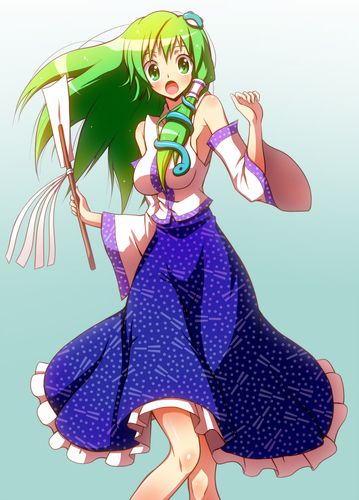 shirono, kochiya sanae, touhou, 1girl, bare shoulders, breasts, detached sleeves, female focus, frog, gradient background, green eyes, green hair, hair ornament, japanese clothes, long hair, open mouth, skinny, slender, snake, solo, standing, surprised, white background