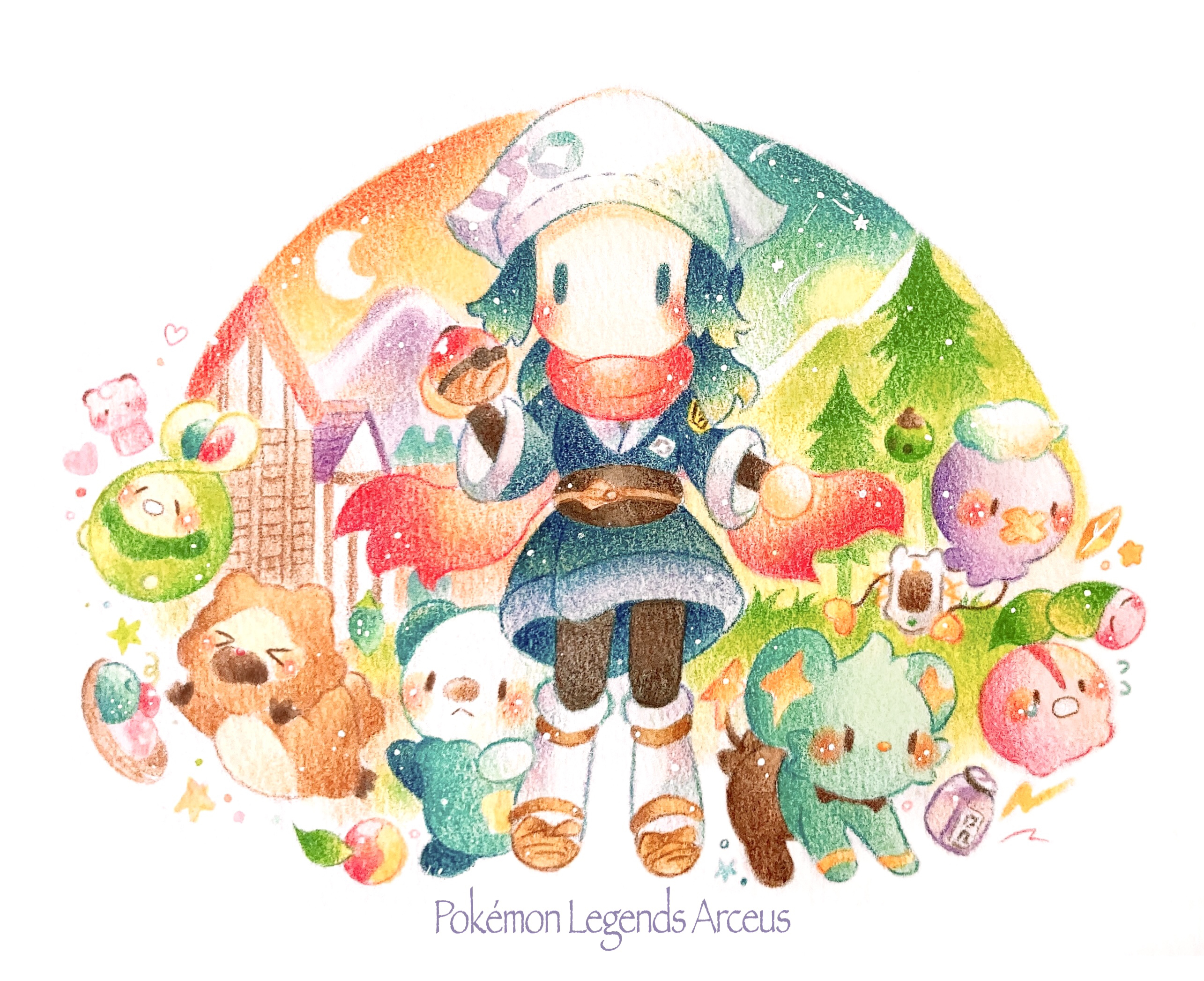 yukichi 0611, akari (pokemon), bidoof, budew, cherubi, drifloon, oshawott, shinx, nintendo, pokemon, pokemon legends: arceus, colored pencil (medium), commentary request, highres, painting (medium), traditional media, watercolor (medium), > <, 1girl, berry (pokemon), blush, cape, cheri berry, copyright name, full body, gen 4 pokemon, gen 5 pokemon, headscarf, hisuian poke ball, holding, holding poke ball, japanese clothes, long sleeves, no mouth, no nose, oran berry, poke ball, pokemon (creature), rawst berry, red cape, red scarf, scarf, white headscarf