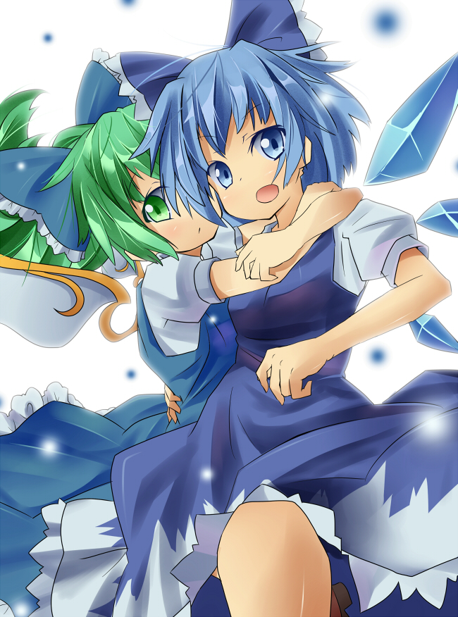 mikan (bananoha), cirno, daiyousei, embodiment of scarlet devil, touhou, 2girls, blue eyes, blue hair, bow, dress, fairy wings, green eyes, green hair, hair bow, multiple girls, ponytail, wings, yuri
