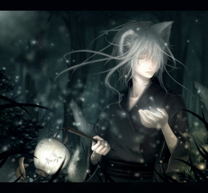 kurui, original, silver hair, bad id, bad pixiv id, 1boy, animal ears, forest, fox ears, fox tail, glowing, hair over one eye, japanese clothes, kimono, lamp, letterboxed, male focus, messy hair, multiple tails, nature, night, outdoors, short hair, snow, solo, tail, tree, yukata