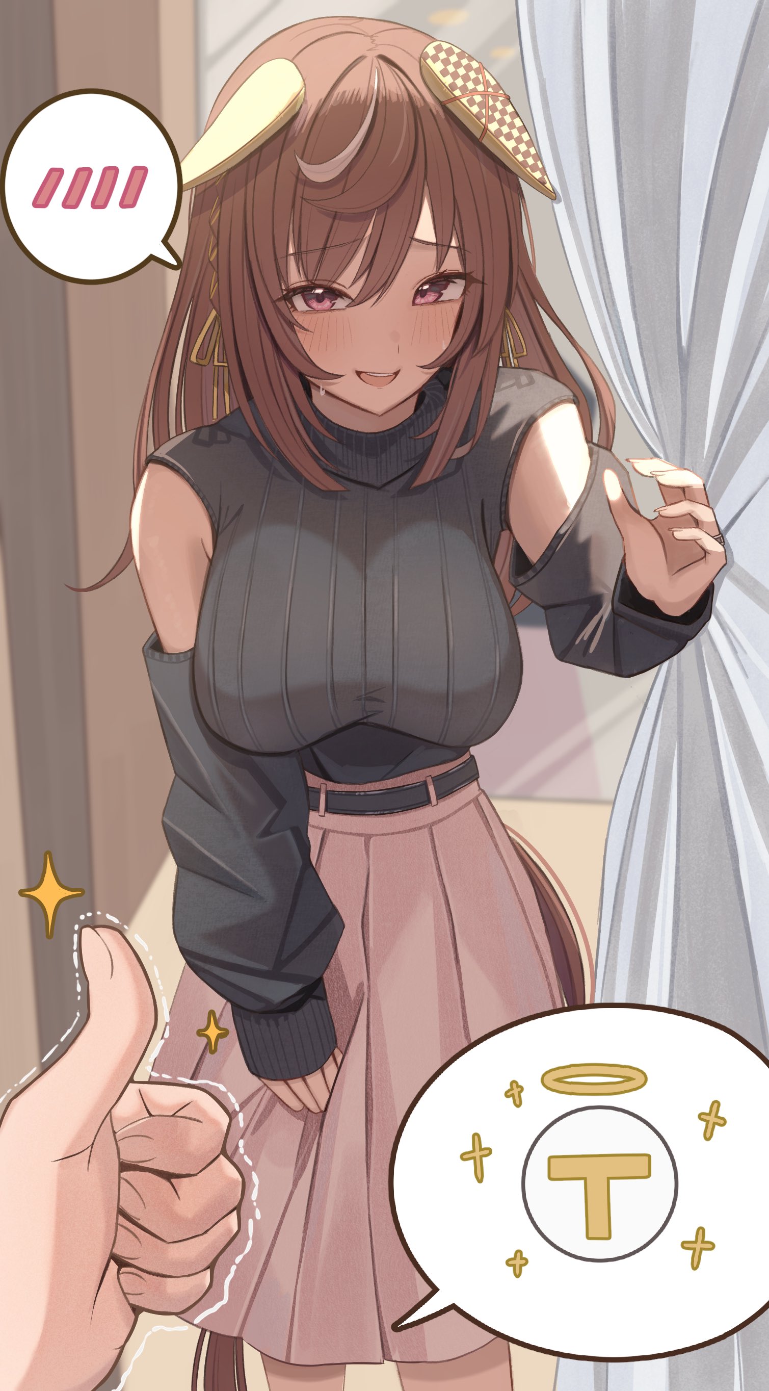 hanma amnah, buena vista (umamusume), t-head trainer (umamusume), trainer (umamusume), umamusume, absurdres, commentary request, highres, 1boy, 1girl, animal ears, black sleeves, blush, brown hair, detached sleeves, ear covers, fingernails, horse ears, horse girl, horse tail, looking at viewer, multicolored hair, open mouth, pink skirt, purple eyes, skirt, smile, spoken character, streaked hair, sweat, tail, thumbs up, trembling, white hair, white streaks