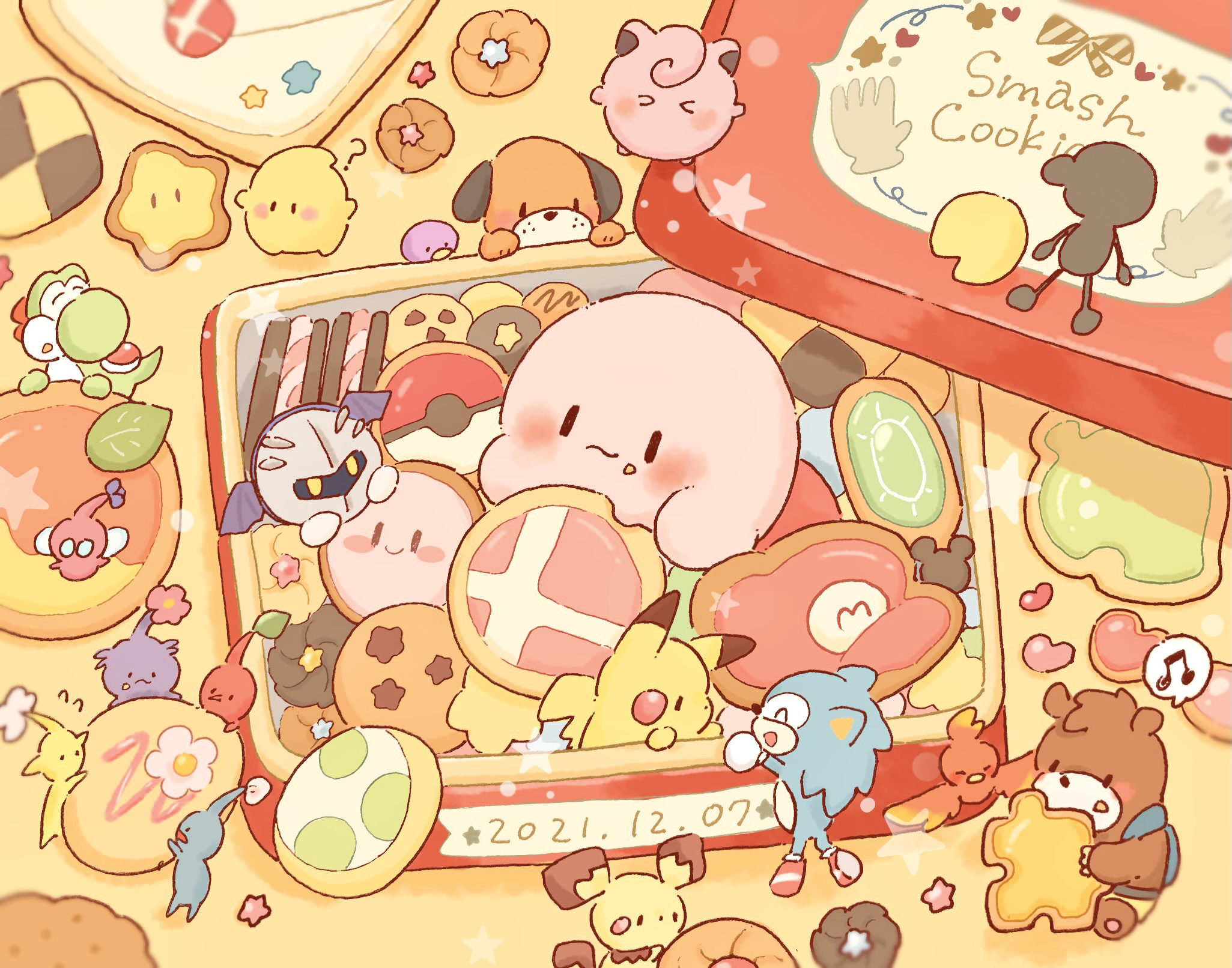 yukichi 0611, banjo (banjo-kazooie), blue pikmin, dog (duck hunt), duck (duck hunt), jigglypuff, kazooie (banjo-kazooie), kirby, luma (mario), meta knight, mr. game & watch, pichu, purple pikmin, red pikmin, sonic the hedgehog, winged pikmin, yellow pikmin, yoshi, banjo-kazooie, duck hunt, game & watch, kirby (series), nintendo, pikmin (series), pokemon, sonic (series), super smash bros., commentary request, highres, animal, character-themed food, character cookie, chibi, cookie, dated, dessert, food, food on face, gen 1 pokemon, gen 2 pokemon, no humans, pikmin (creature), pokemon (creature), sweets
