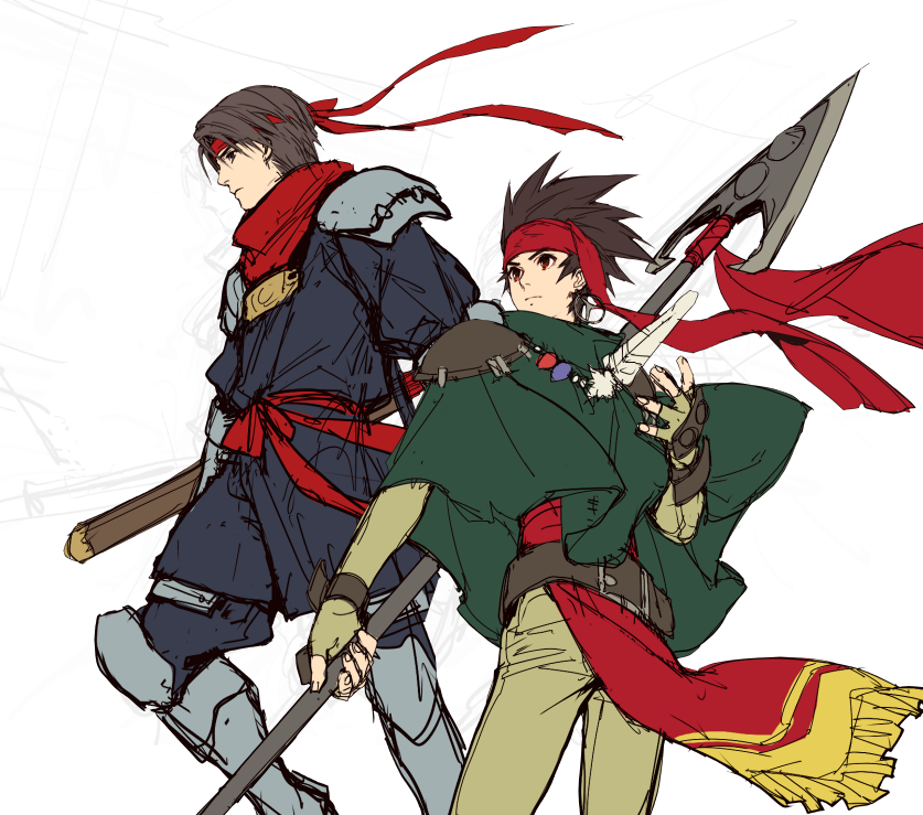 kotatsu (g-rough), arc (arc the lad), elc (arc the lad), arc the lad, arc the lad ii, 2boys, bandana, brown eyes, brown hair, closed mouth, earrings, gloves, holding, holding weapon, jewelry, male focus, multiple boys, short hair, simple background, spiked hair, sword, weapon, white background