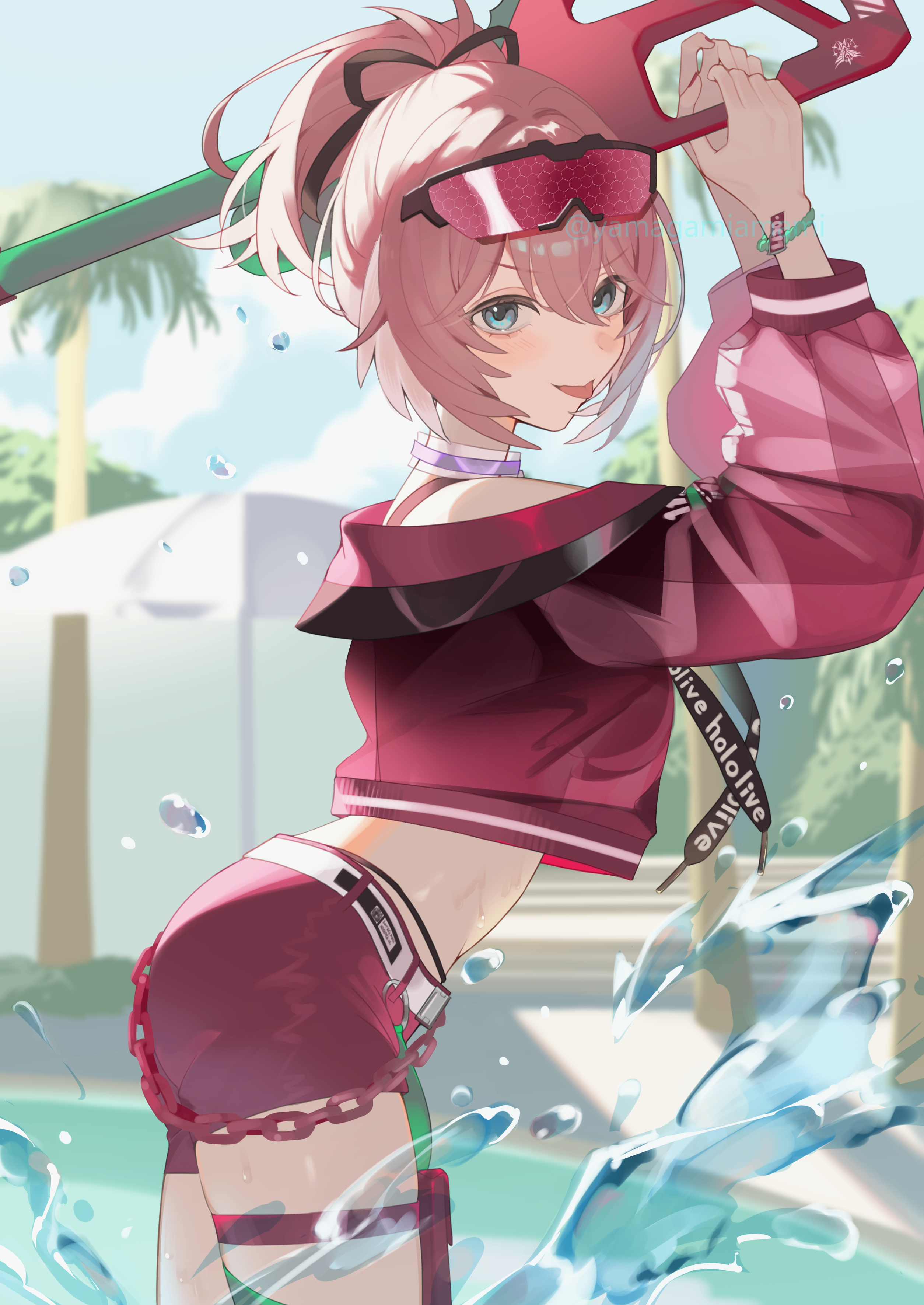 yamagamiamami, takane lui, takane lui (holonatsu paradise), hololive, absurdres, commentary request, highres, 1girl, :p, blue eyes, cropped jacket, eyewear on head, from side, hair between eyes, jacket, looking at viewer, navel, open mouth, outdoors, ponytail, pouch, red jacket, red shorts, see-through clothes, see-through jacket, short hair, short shorts, shorts, smile, solo, sunglasses, swimsuit, thigh pouch, tongue, tongue out, virtual youtuber, water, waterpark