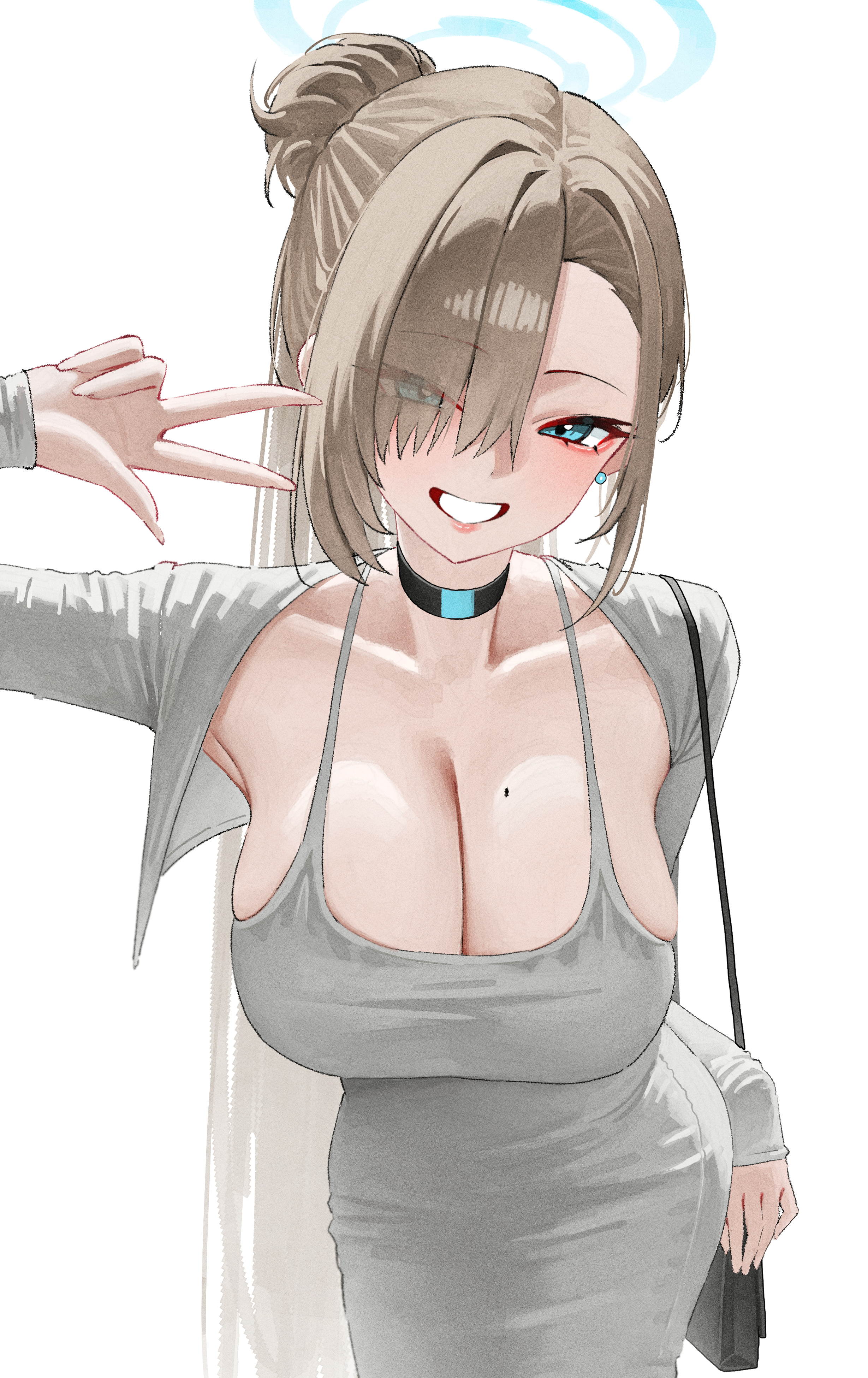 kono (xerondan321), asuna (blue archive), blue archive, absurdres, commentary, english commentary, highres, paid reward available, 1girl, alternate costume, alternate hairstyle, aqua eyes, aqua halo, arm up, black bag, black choker, blush, breasts, brown hair, choker, cleavage, collarbone, dress, eyes visible through hair, grey dress, grin, hair over one eye, halo, large breasts, long hair, long sleeves, looking at viewer, mole, mole on breast, simple background, smile, solo, v, white background