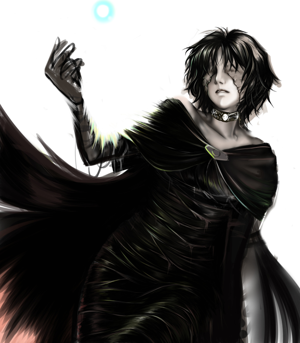 ayatori, maiden in black, demon's souls, fromsoftware, 1girl, black hair, cape, choker, dress, female focus, messy hair, short hair, solo, white background