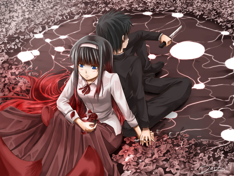 sinzire, tohno akiha, tohno shiki, tsukihime, step-brother and step-sister, 00s, 1boy, 1girl, back-to-back, blue eyes, brother and sister, brother and step-sister, dress, flower, hairband, knife, multicolored hair, reverse grip, rose, siblings, sitting, step-siblings