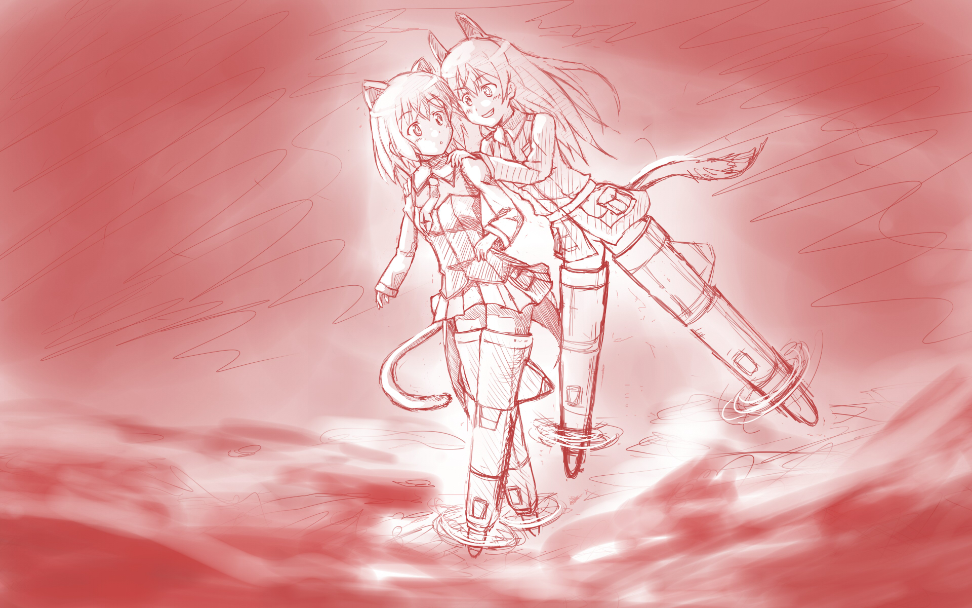 delf, eila ilmatar juutilainen, sanya v. litvyak, strike witches, world witches series, bad id, bad pixiv id, highres, 2girls, animal ears, long hair, military, military uniform, monochrome, multiple girls, pantyhose, red background, red theme, striker unit, tail