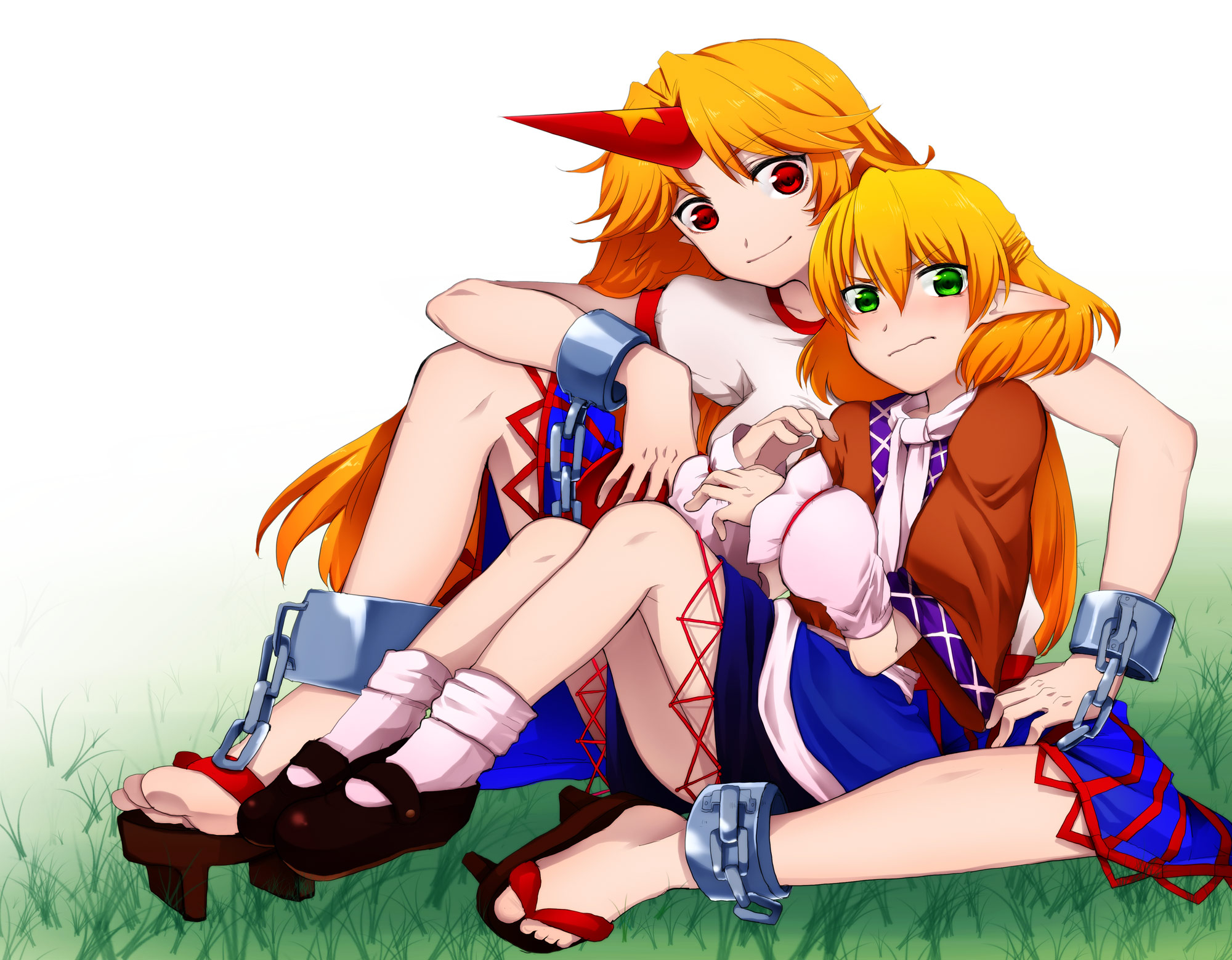 hattori masaki, hoshiguma yuugi, mizuhashi parsee, touhou, bad id, bad pixiv id, highres, 2girls, between legs, blonde hair, blush, chain, cuffs, female focus, frown, geta, green eyes, horns, mary janes, multiple girls, oni, orange hair, pointy ears, red eyes, sandals, shoes, simple background, single horn, sitting, smile, wavy mouth
