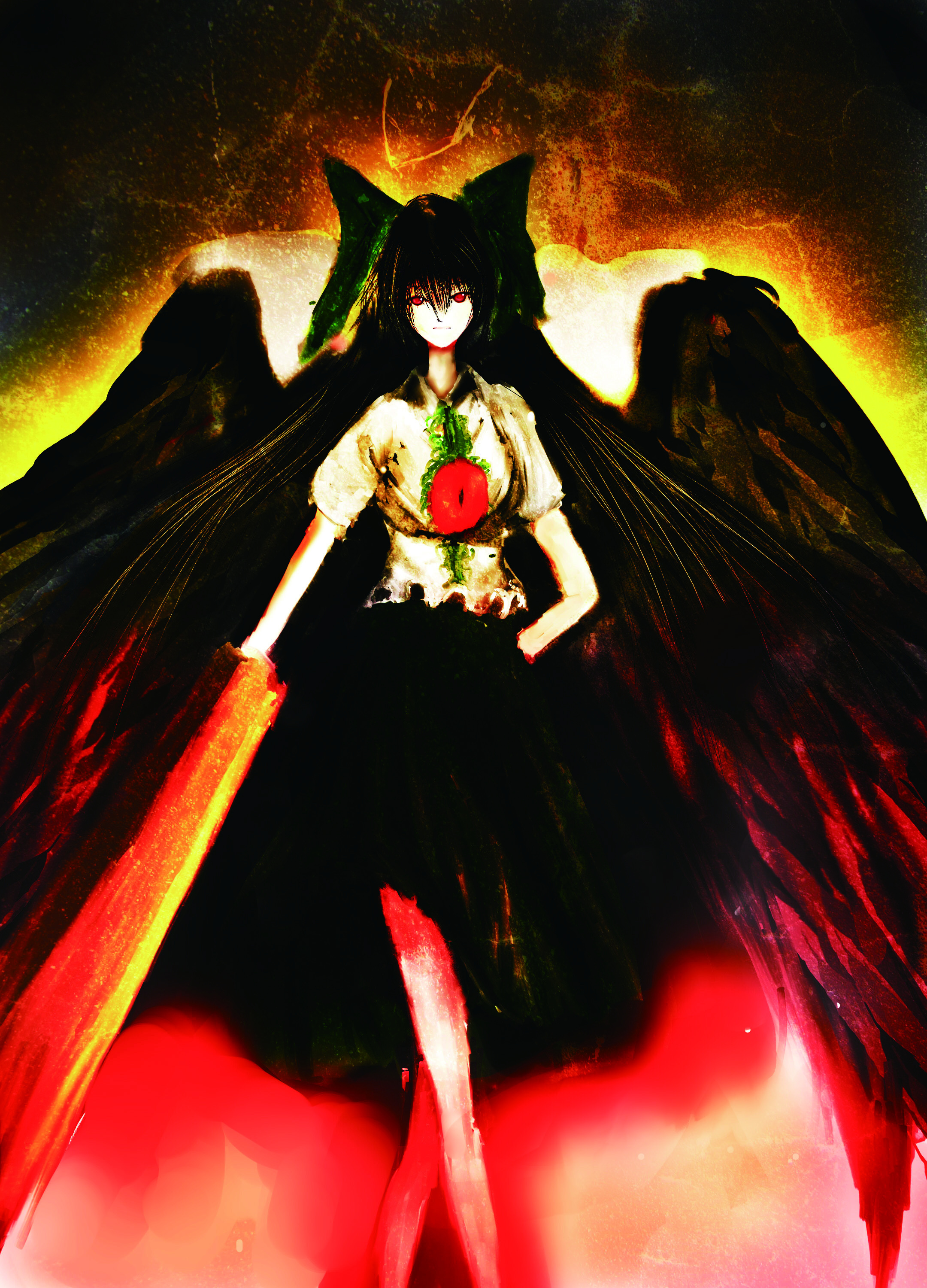 kami amane kurohime, shinshuu kokki, reiuji utsuho, touhou, absurdres, highres, 1girl, black hair, bow, female focus, fire, hair bow, long hair, red eyes, skirt, solo, wings