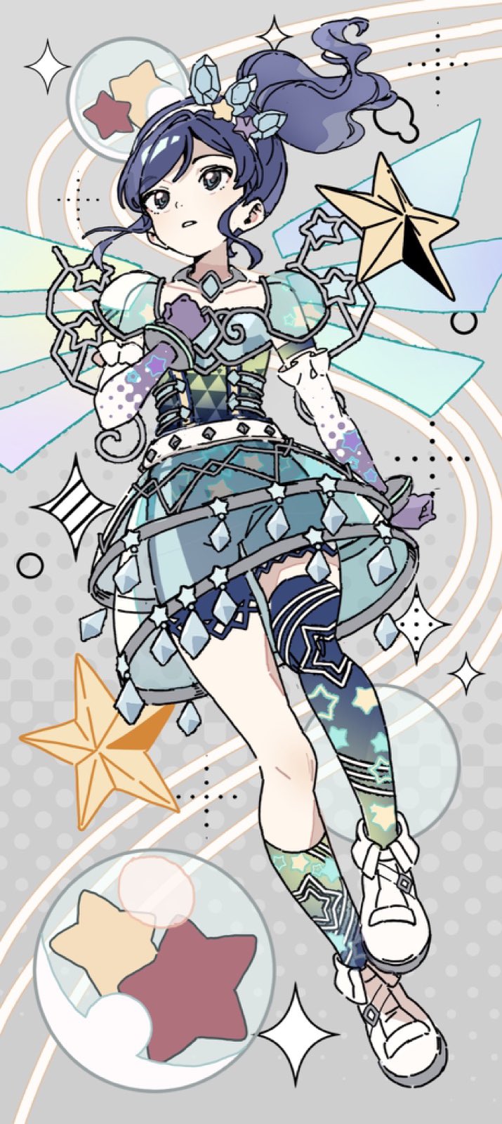 ginjiro (ginjiroxx), kiriya aoi, aikatsu!, aikatsu! (series), highres, 1girl, asymmetrical legwear, blue hair, boots, collarbone, full body, gem, idol, jewelry, long hair, magical girl, parted lips, ponytail, see-through clothes, see-through skirt, shoulder pads, single sock, single thighhigh, skirt, socks, solo, star (symbol), thighhighs, white boots