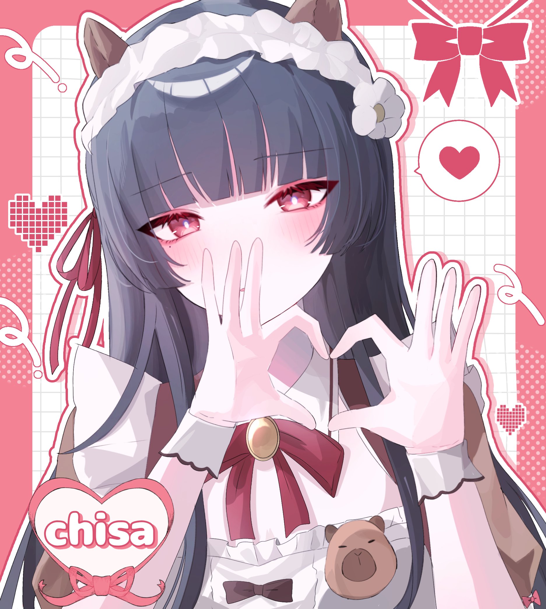 chisa (wuthering waves), wuthering waves, commentary, highres, 1girl, animal ears, black hair, blush, border, capybara ears, character name, fake animal ears, four-finger heart hands, hair ribbon, hands up, heart, heart hands, long hair, looking at viewer, maid headdress, mole, mole under eye, official alternate costume, parted lips, portrait, red border, red eyes, red ribbon, ribbon, solo, soyogi nrso, spoken heart
