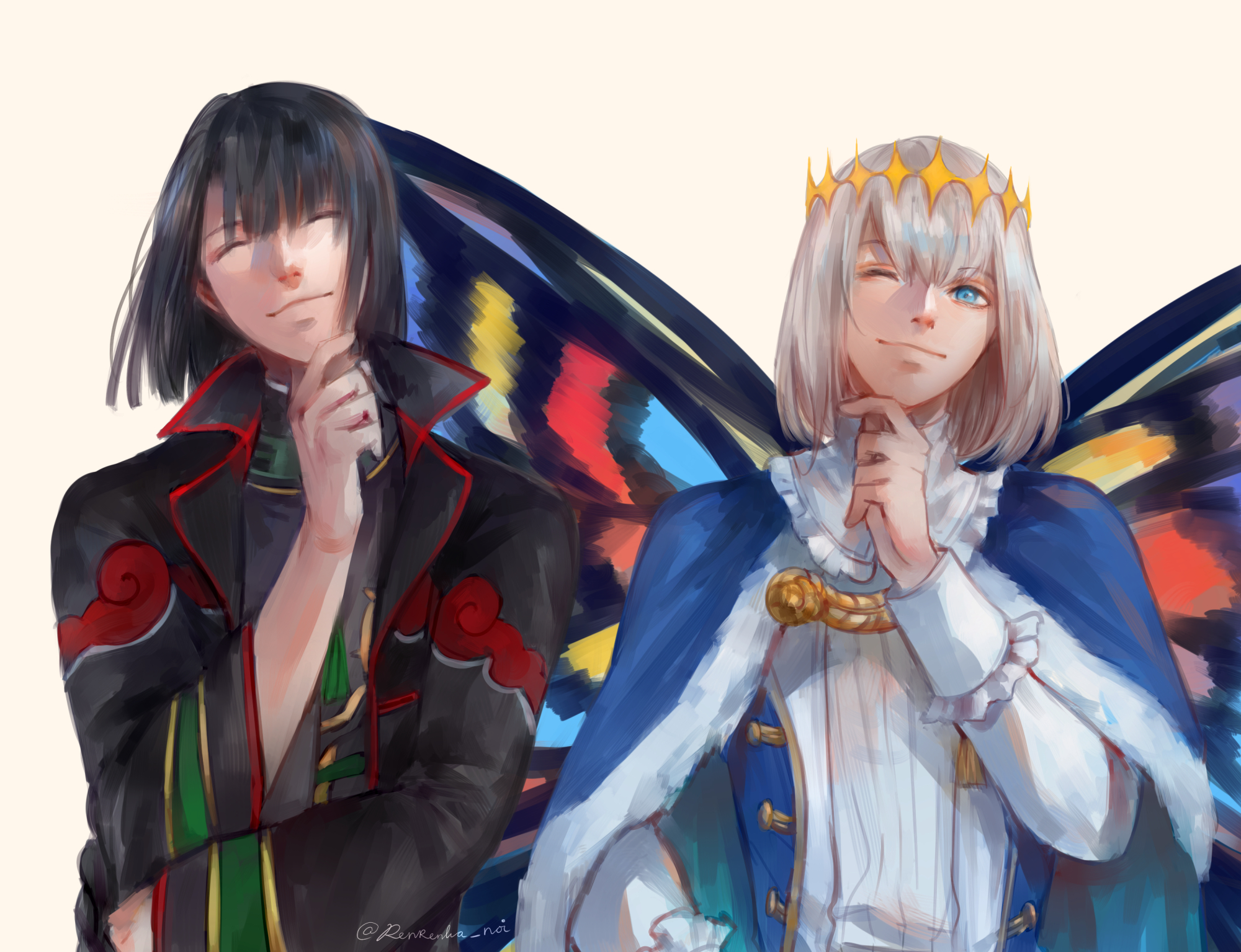 renrenka noi, oberon (fate), oberon (first ascension) (fate), taigong wang (fate), fate/grand order, fate (series), commentary, english commentary, highres, 2boys, black hair, black jacket, blue cape, blue eyes, butterfly wings, cape, closed eyes, closed mouth, fur-trimmed cape, fur trim, grey hair, grey shirt, insect wings, jacket, looking at viewer, male focus, multiple boys, shirt, short hair, simple background, upper body, wings