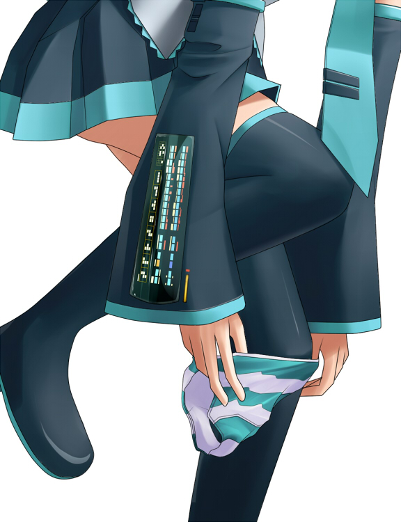 eto, hatsune miku, vocaloid, 1girl, black thighhighs, boots, close-up, detached sleeves, dressing, female focus, necktie, no panties, panties, pantyshot, pleated skirt, simple background, skirt, solo, striped clothes, striped panties, thigh boots, thighhighs, underwear, upskirt, zettai ryouiki
