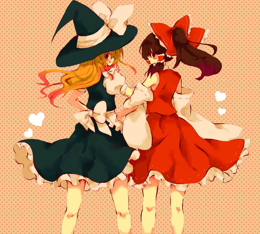 yukirar, hakurei reimu, kirisame marisa, touhou, bad id, bad pixiv id, 2girls, blonde hair, blush, bow, braid, brown hair, detached sleeves, female focus, frilled skirt, frills, from behind, hair bow, hair tubes, hat, hat bow, heart, locked arms, long hair, multiple girls, orange background, polka dot, polka dot background, ponytail, puffy short sleeves, puffy sleeves, short sleeves, single braid, skirt, witch hat, yukiraro