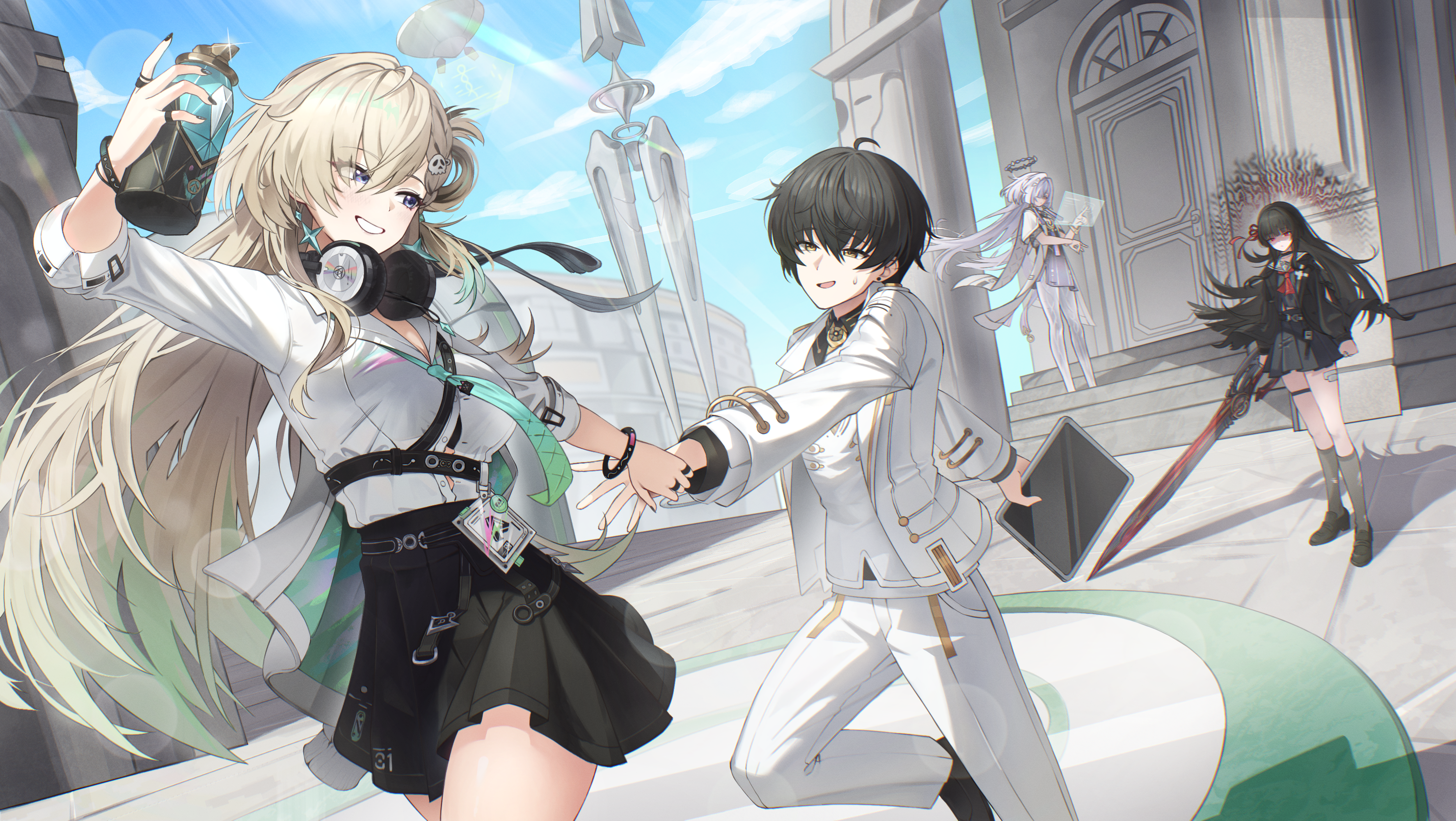 ppot, chisa (wuthering waves), lynae (wuthering waves), male rover (wuthering waves), mornye (wuthering waves), rover (wuthering waves), wuthering waves, absurdres, commentary, highres, symbol-only commentary, 1boy, 3girls, alternate costume, aqua necktie, black hair, black serafuku, black skirt, blonde hair, blue sky, breasts, day, earrings, gradient hair, hair between eyes, hair ornament, halo, hand grab, headphones, headphones around neck, holding, holding spray can, holding sword, holding weapon, holographic interface, id card, jacket, jewelry, medium breasts, multicolored hair, multiple girls, necktie, outdoors, pants, school uniform, serafuku, shirt, shirt tucked in, skirt, skull hair ornament, sky, smile, spray can, star (symbol), star earrings, streaked hair, sword, weapon, white jacket, white pants, white shirt, yandere, yellow eyes