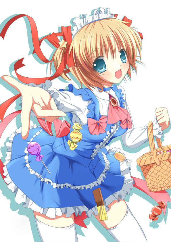 mycstea, kamikita komari, little busters!, 1girl, basket, blonde hair, blush, bow, candy, female focus, food, frills, lollipop, outstretched arm, outstretched hand, pink bow, reaching, short hair, solo, thighhighs, waitress, zettai ryouiki