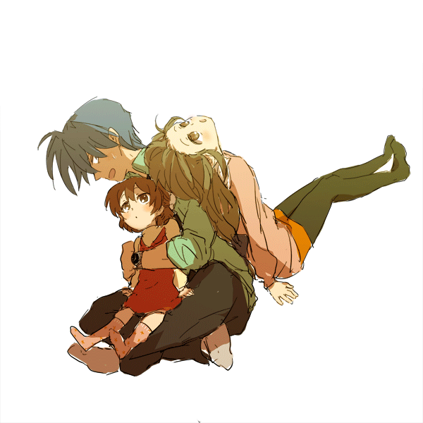 toire (tantei), ibuki fuuko, okazaki tomoya, okazaki ushio, clannad, bad id, bad pixiv id, 00s, back-to-back, brown hair, feet, hug, hug from behind, long hair, pantyhose, short hair, socks