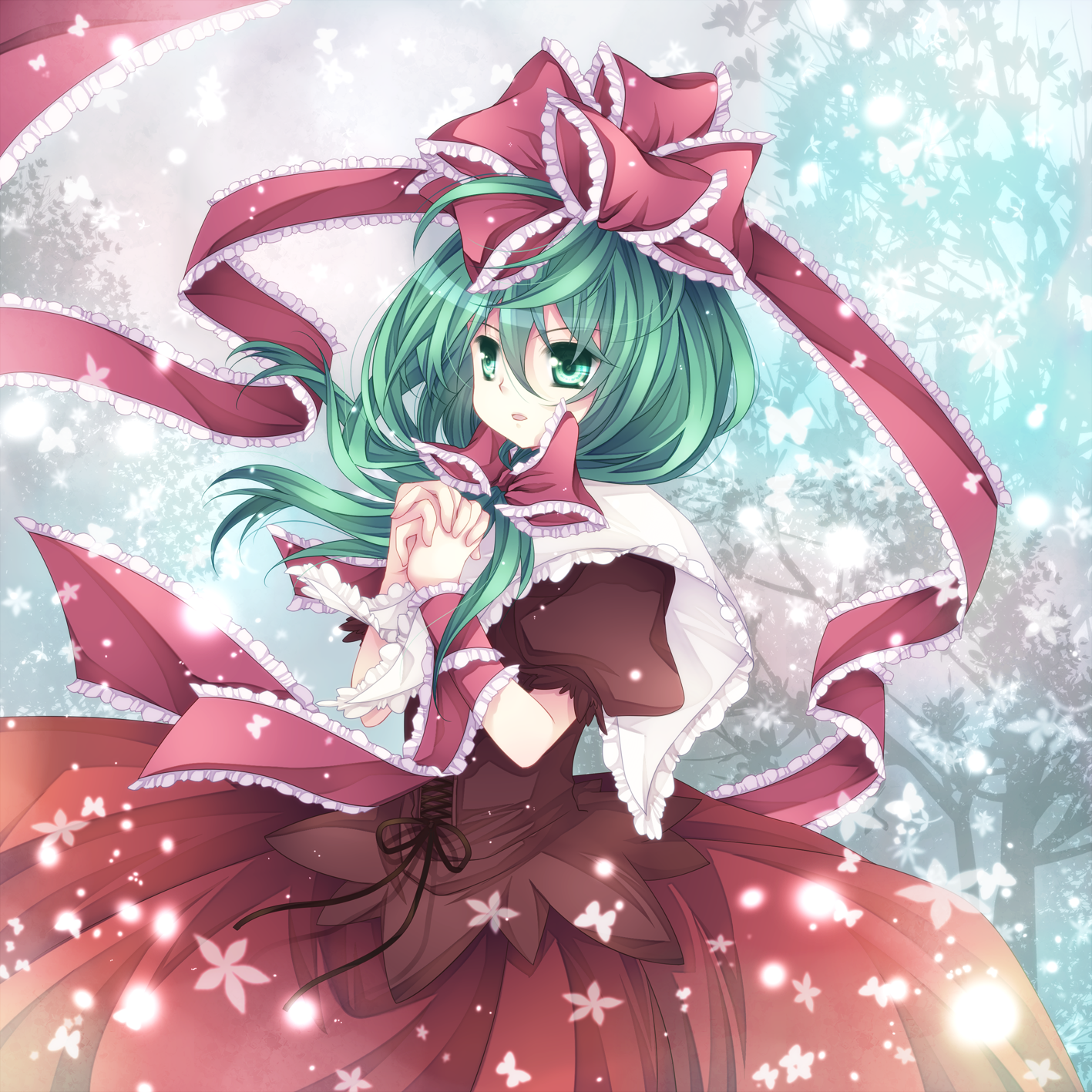 mikazuki sara, kagiyama hina, touhou, bad id, bad pixiv id, highres, 1girl, female focus, frills, green eyes, green hair, hair ribbon, long hair, matching hair/eyes, own hands clasped, own hands together, ribbon, solo