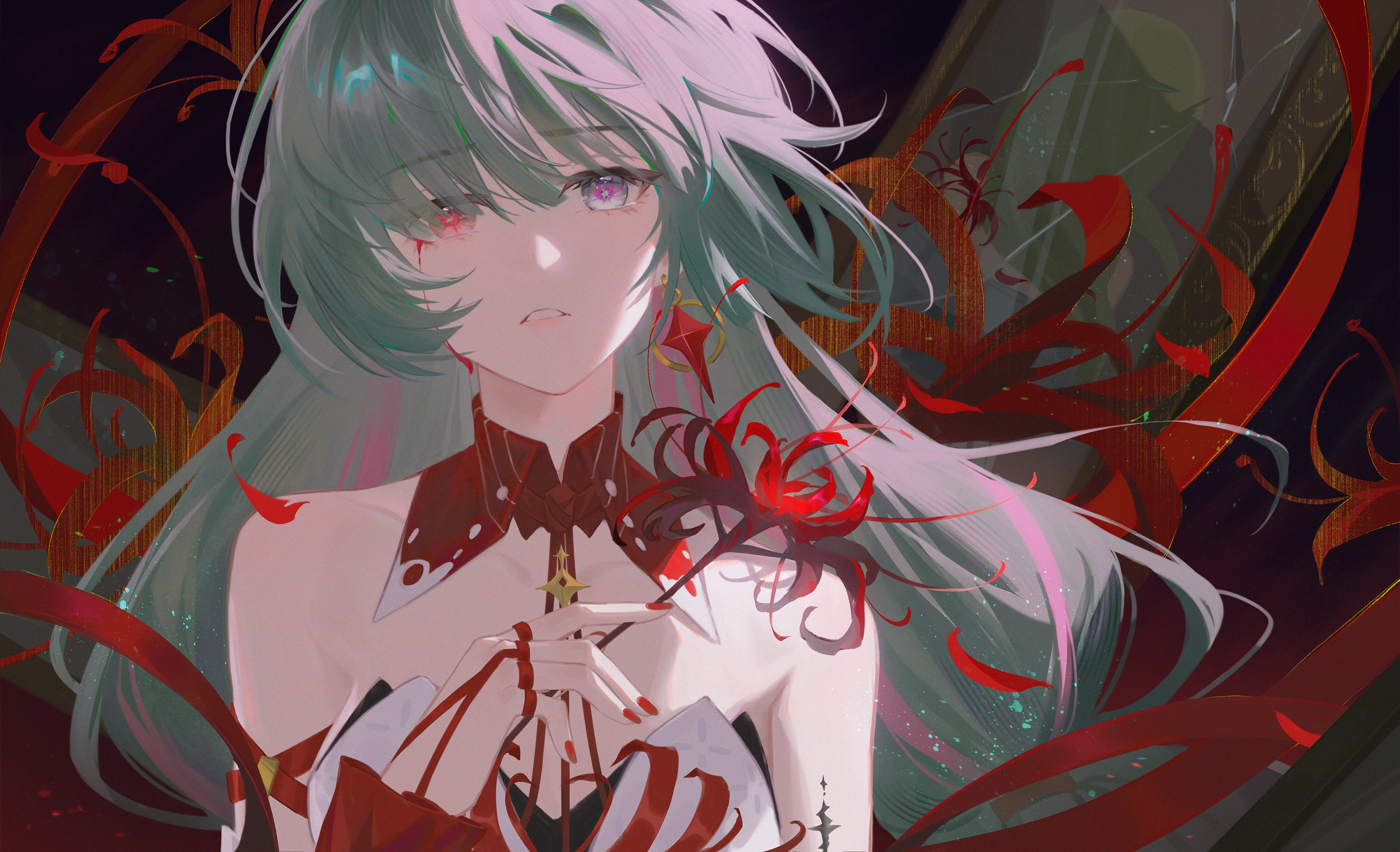 phrolova (wuthering waves), wuthering waves, absurdres, highres, 1girl, anheyu, bare shoulders, breasts, earrings, fingernails, flower, grey eyes, grey hair, halterneck, hand up, heterochromia, holding, holding flower, jewelry, long hair, looking at viewer, medium breasts, missing commentary, multicolored hair, nail polish, parted lips, portrait, red eyes, red nails, solo, spider lily, star (symbol), star earrings, streaked hair, tacet mark (wuthering waves)