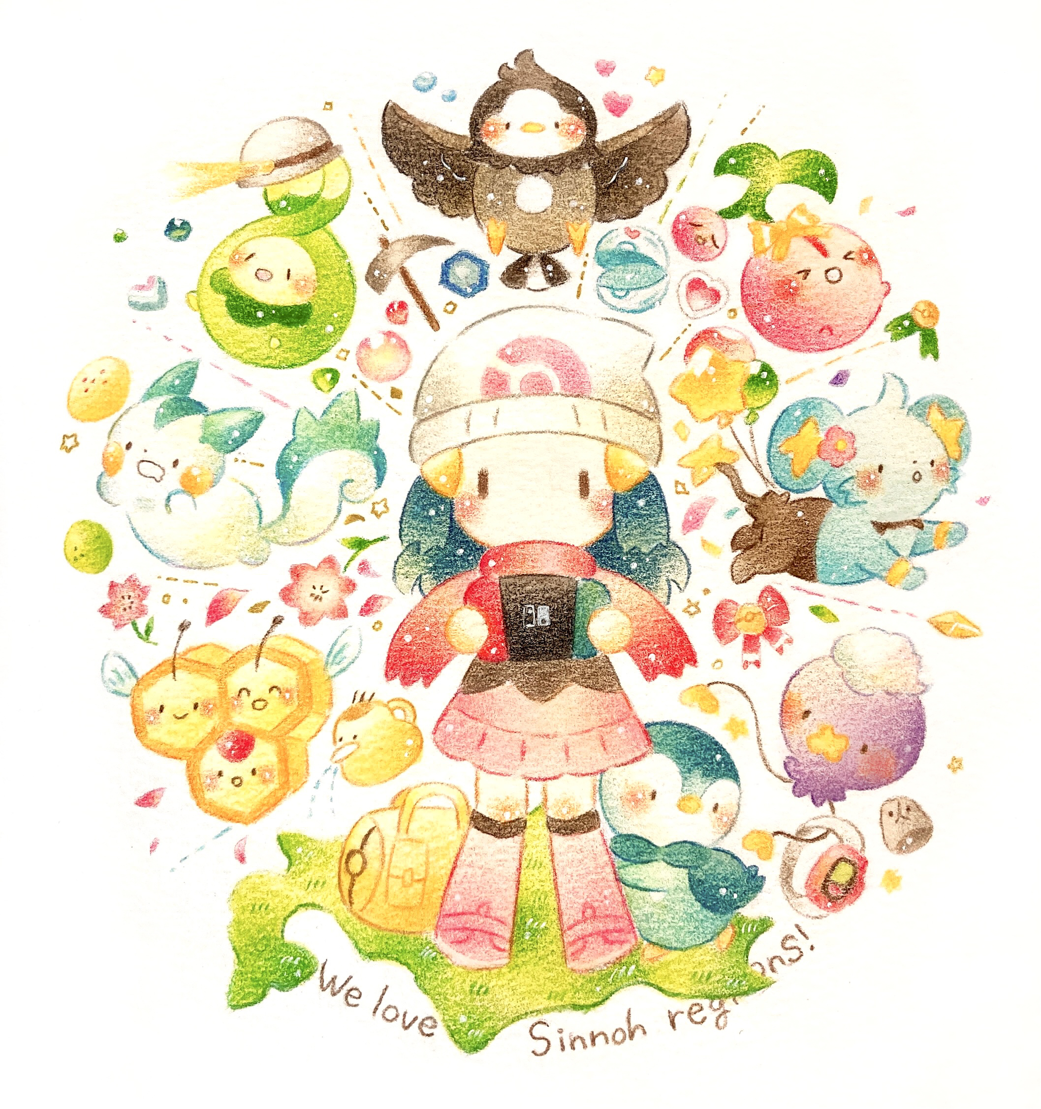 yukichi 0611, budew, cherubi, combee, dawn (pokemon), drifloon, pachirisu, piplup, shinx, starly, nintendo, pokemon, pokemon bdsp, colored pencil (medium), highres, painting (medium), traditional media, watercolor (medium), > <, 1girl, beanie, boots, english text, full body, gen 4 pokemon, handheld game console, hat, heart, holding, holding handheld game console, nintendo switch, no mouth, no nose, pickaxe, pink boots, pokemon (creature), red scarf, running, scarf, solo, watering can, white hat, yellow bag