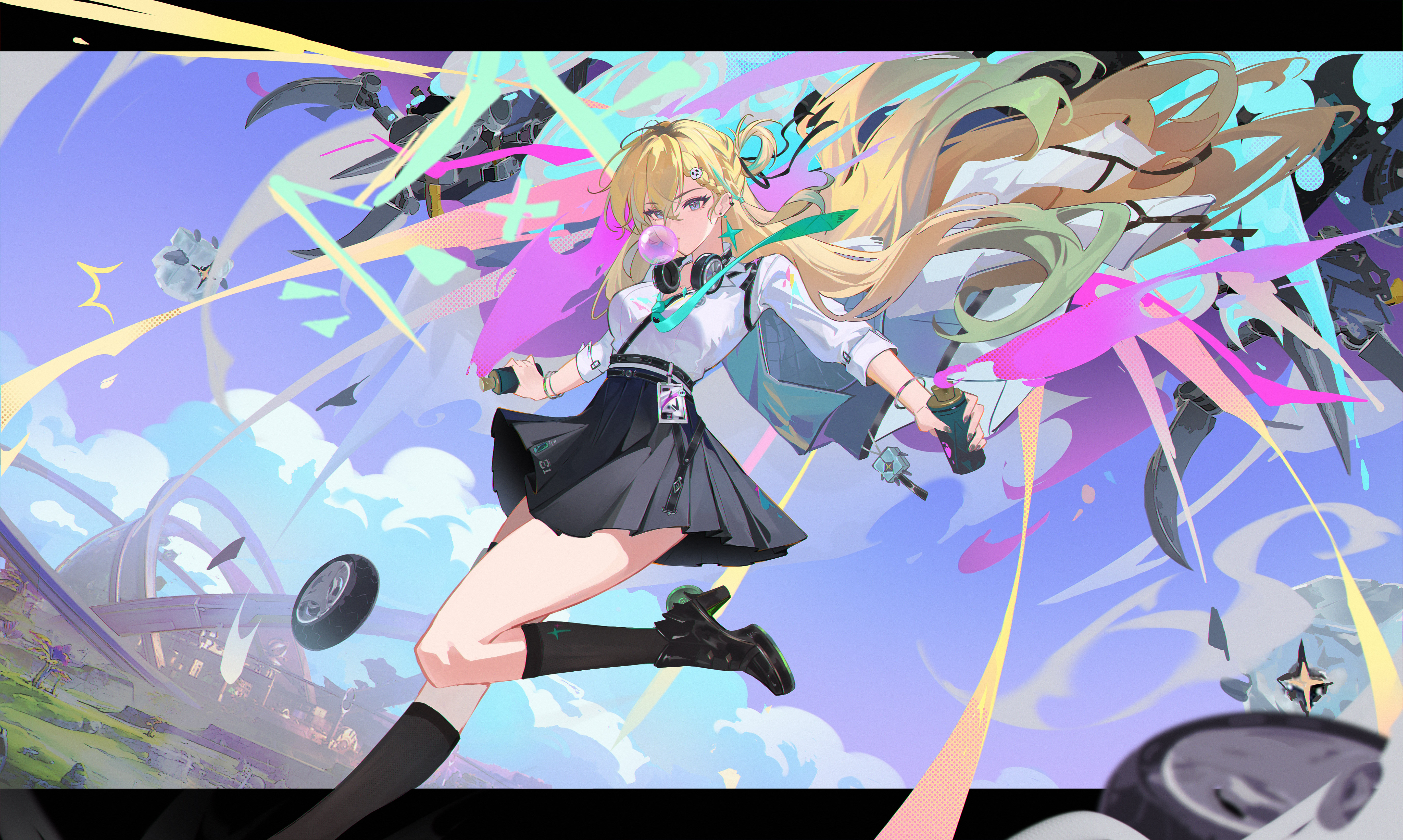 lynae (wuthering waves), wuthering waves, absurdres, highres, 1girl, anheyu, black skirt, black socks, blonde hair, blowing bubble gum, braid, braided bangs, breasts, charm (object), chewing gum, clang bang (wuthering waves), gradient hair, hair ornament, headphones, headphones around neck, holding, holding spray can, id card, letterboxed, long hair, looking at viewer, medium breasts, missing commentary, multicolored hair, purple eyes, shirt, skirt, skull hair ornament, socks, solo, spray can, tacet discord (wuthering waves), white shirt