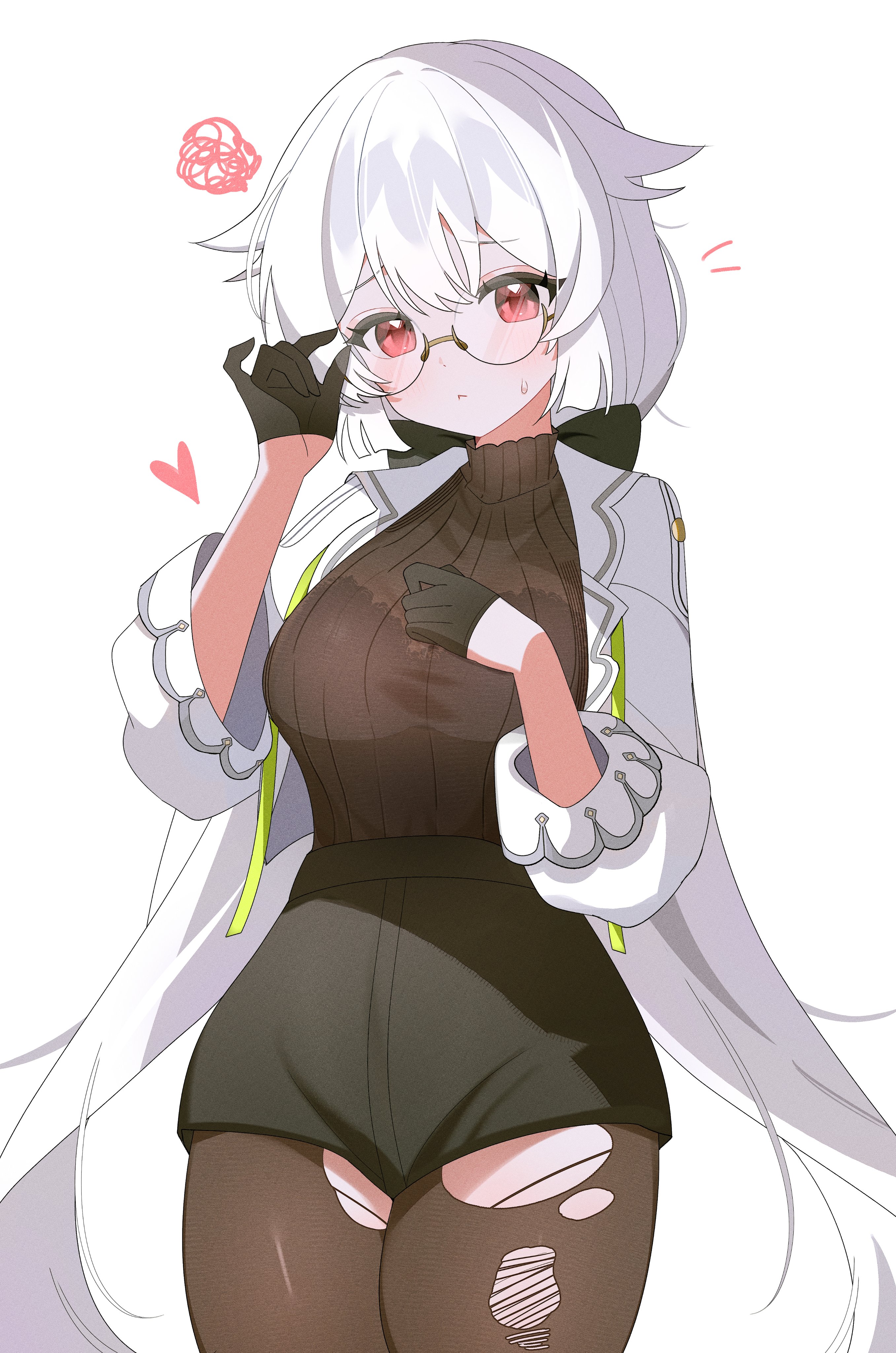 shusuchii, fuyuka (stella sora), stella sora, absurdres, commentary request, highres, 1girl, black gloves, black pantyhose, black shorts, black sweater, bra visible through clothes, breasts, coat, cowboy shot, fuyuka (probation period cleared!) (stella sora), glasses, gloves, hair flaps, half gloves, heart, large breasts, open clothes, open coat, pantyhose, red eyes, see-through sweater, short shorts, shorts, solo, squiggle, sweater, torn clothes, torn pantyhose, white coat, white hair