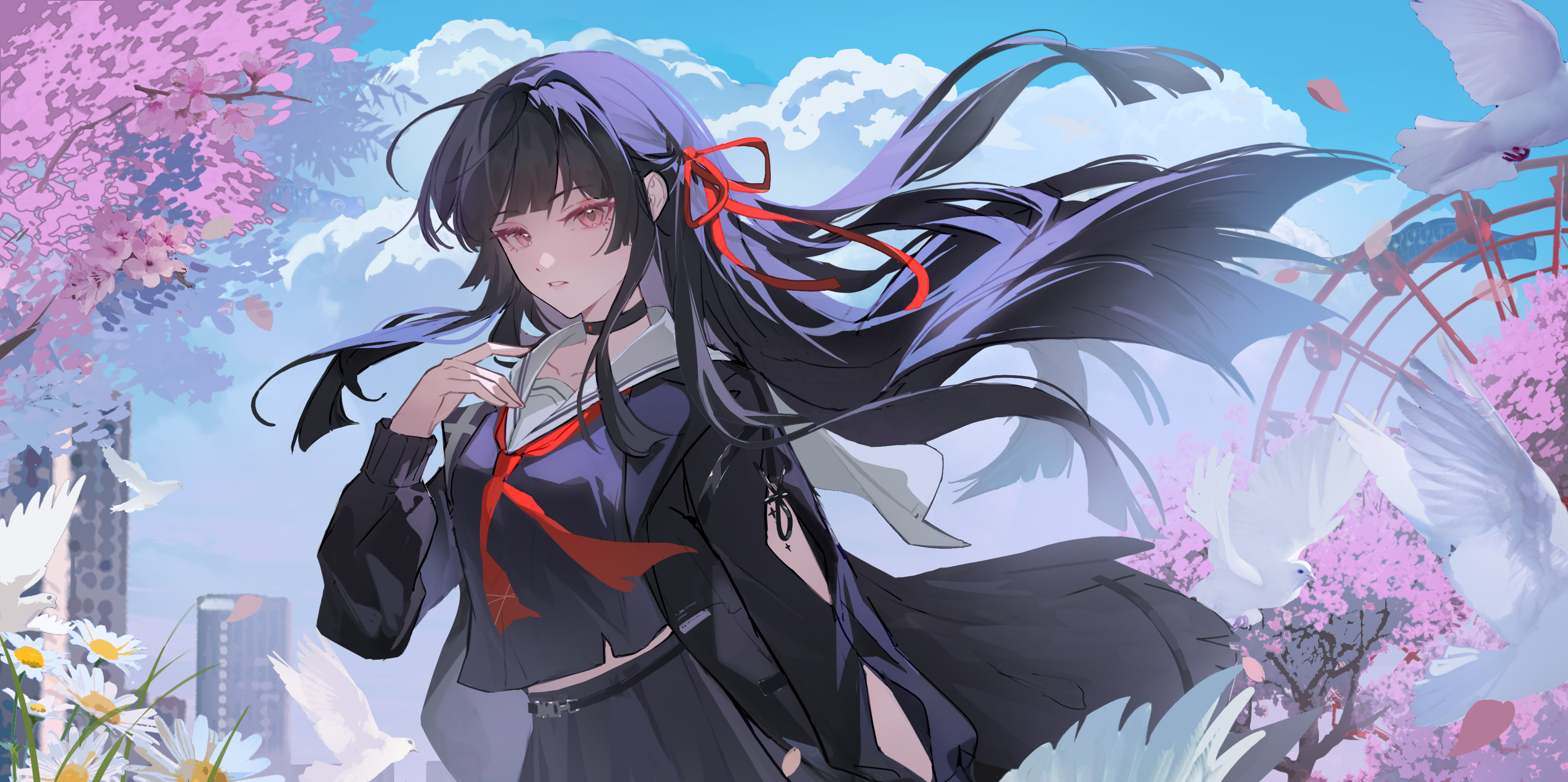 chisa (wuthering waves), wuthering waves, absurdres, highres, 1girl, anheyu, arm cutout, bird, black choker, black hair, black jacket, black serafuku, black shirt, black skirt, blue sky, breasts, choker, clothing cutout, day, ferris wheel, hair ribbon, hand up, jacket, long hair, long sleeves, looking at viewer, medium breasts, missing commentary, neckerchief, outdoors, parted lips, red eyes, red neckerchief, red ribbon, ribbon, sailor collar, school uniform, serafuku, shirt, skirt, sky, solo, upper body, white bird, white sailor collar, wind
